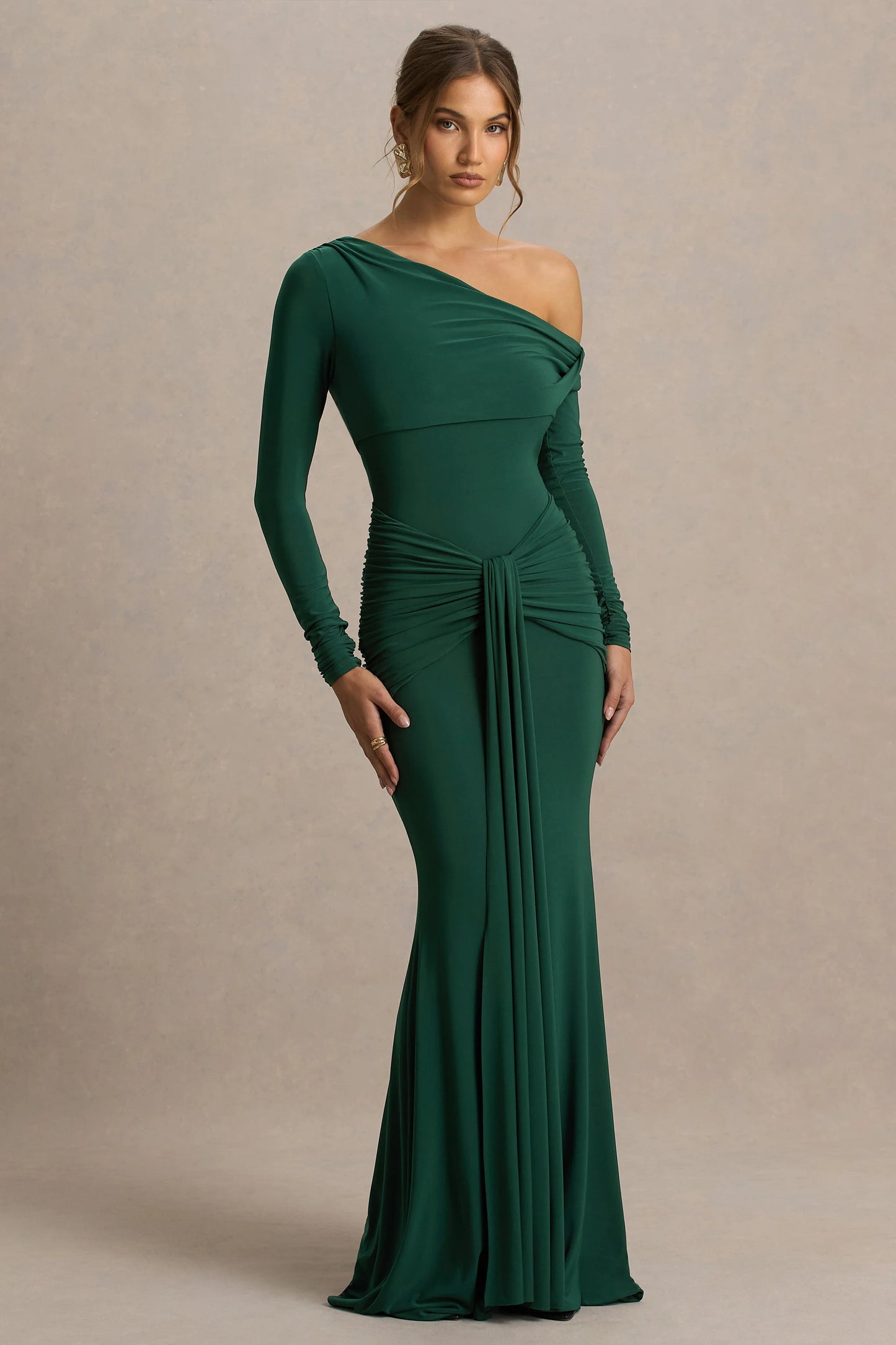 Clover Dark Green Asymmetric-Neck Wrapped Maxi Dress With Sash