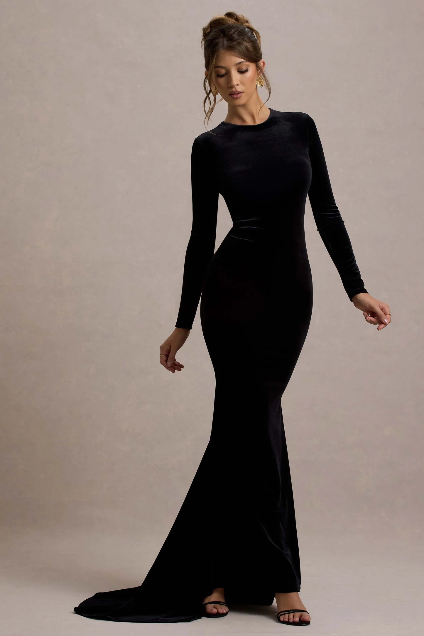 Keaton Black Velvet Long-Sleeve Open-Back Maxi Dress
