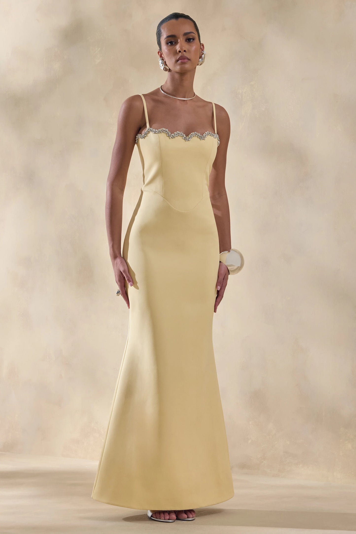 Story Lemon Scalloped Sweetheart-Neck Maxi Dress With Embellished-Detailing