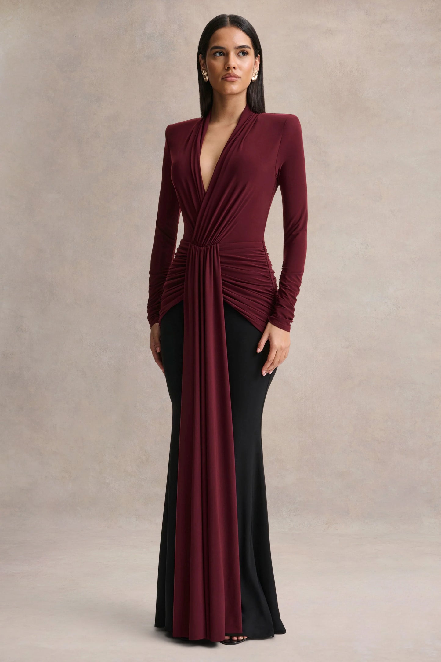 Halston Burgundy And Black Plunge-Neck Maxi Dress With Gathered-Detailing