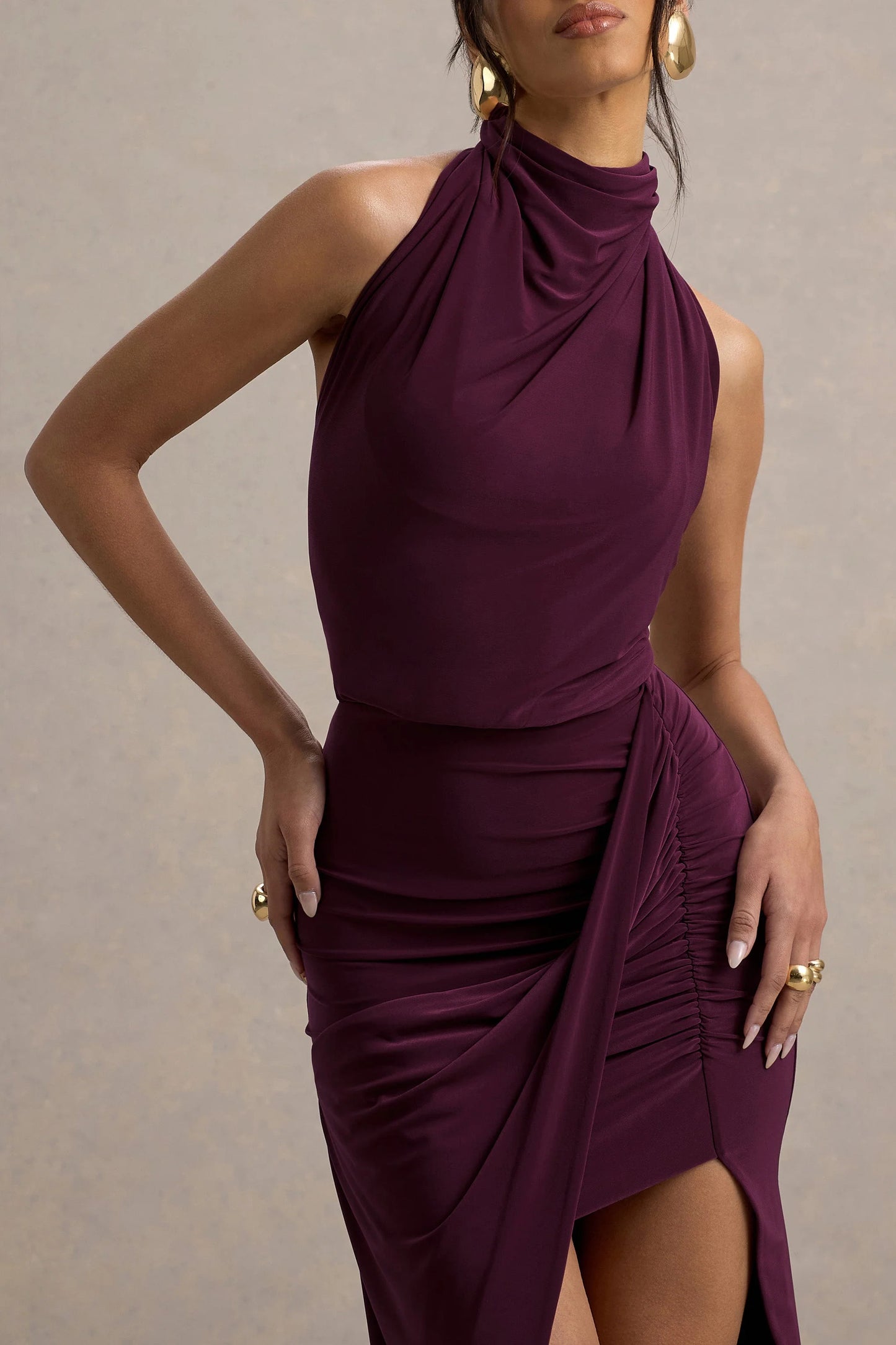 Hayden Burgundy High-Neck Draped Split Maxi Dress