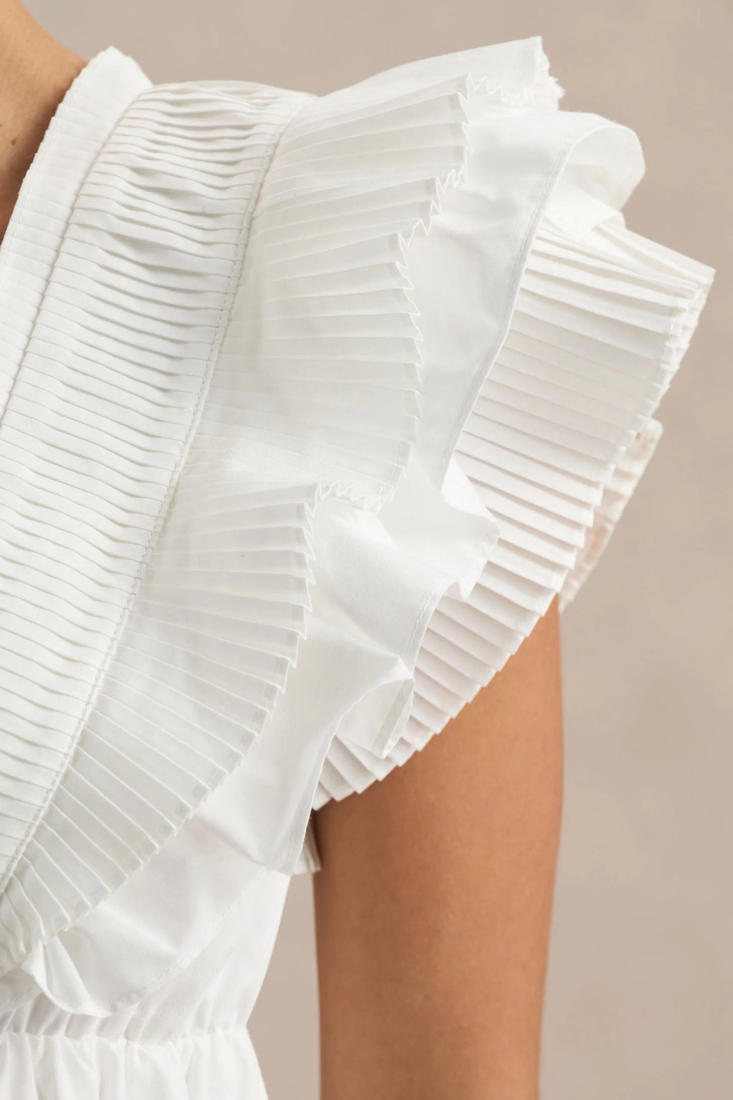 Judie White Poplin V-Neck Ruffled Mini Dress