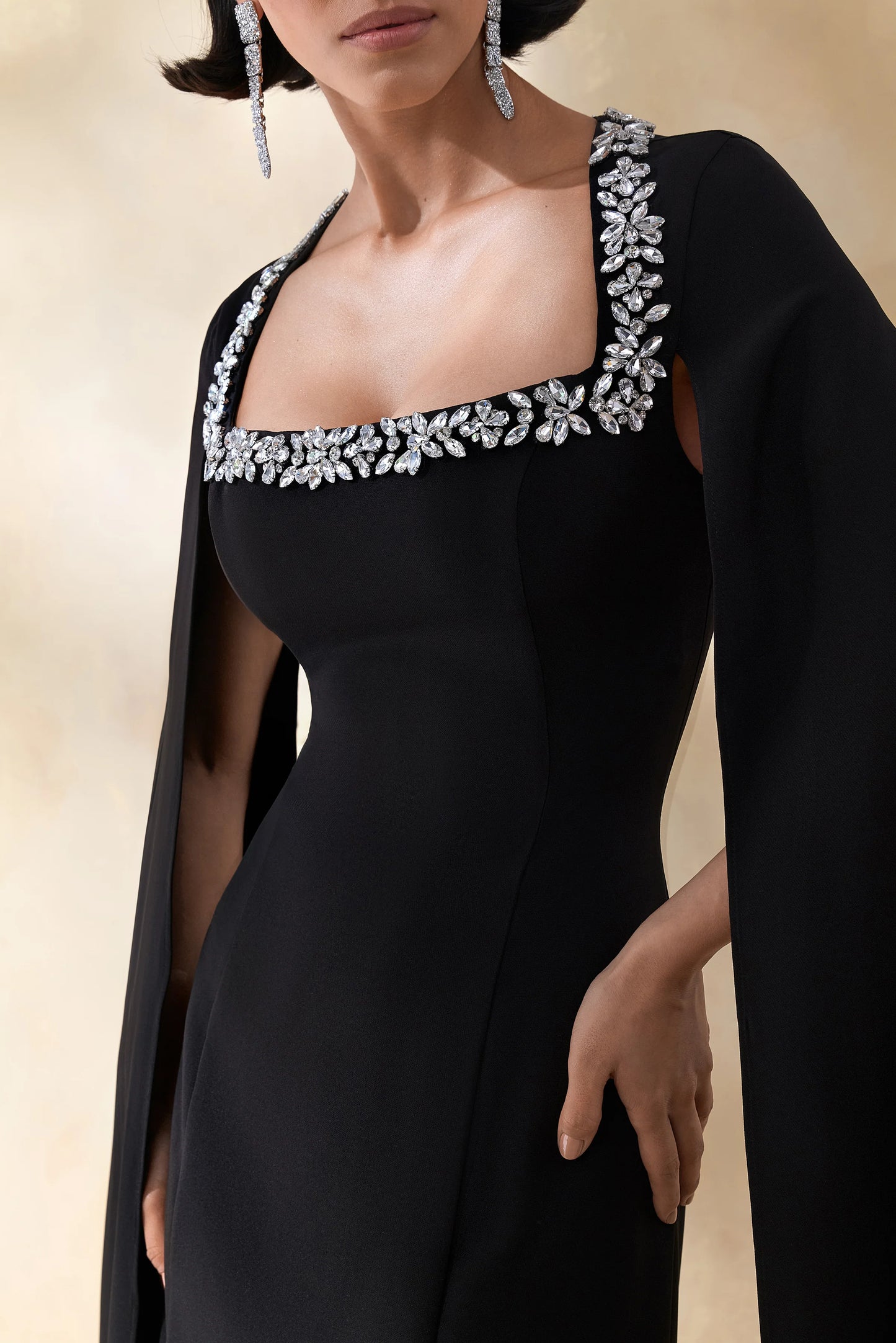 Glossy Black Woven Square-Neck Maxi Dress With Cape Sleeves and Hand-Embellished Detail