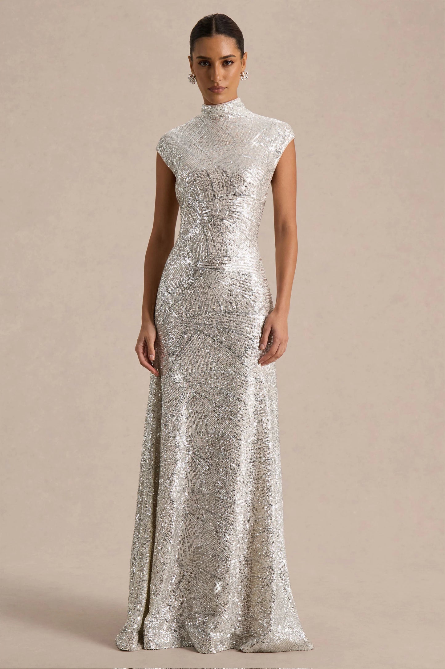 Cecy Silver Sequin High-Neck Maxi Dress With Cap Sleeves