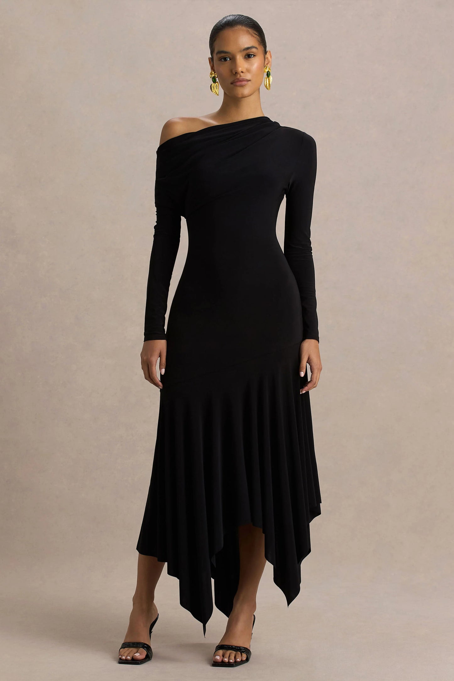 Isola Black Asymmetric-Neck Midi Dress With Hanky-Hem