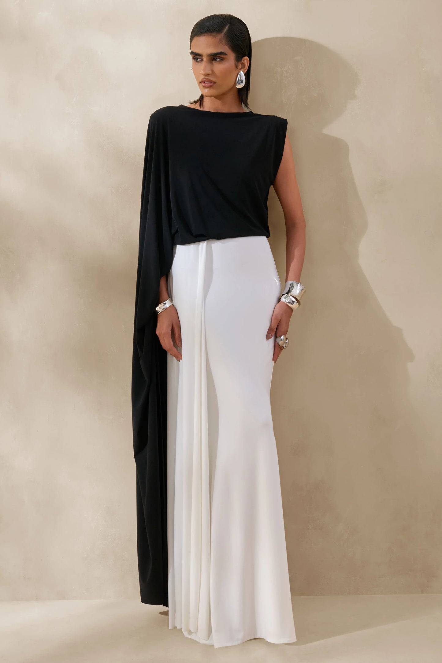 Carenza Black & White Wide-Neck Maxi Dress With Cape-Sleeve