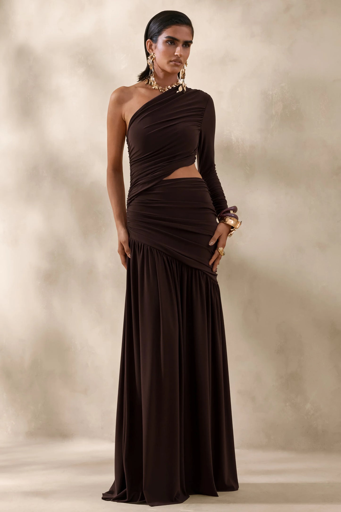 Kinsley Brown Asymmetric-Neck Maxi Dress With Body Cut-Out Detail
