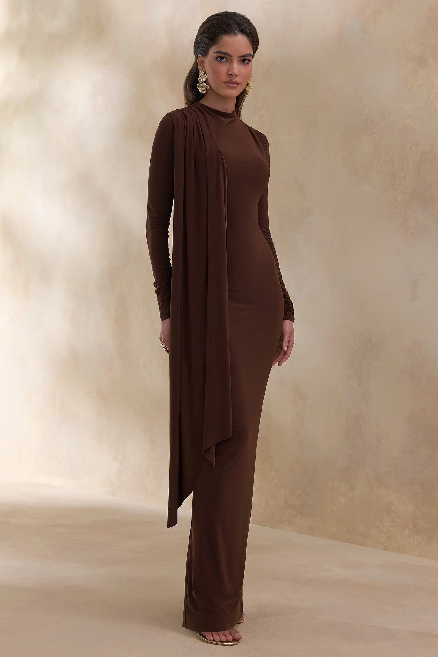 Amaria Brown High-Neck Maxi Dress With Sash-Detail