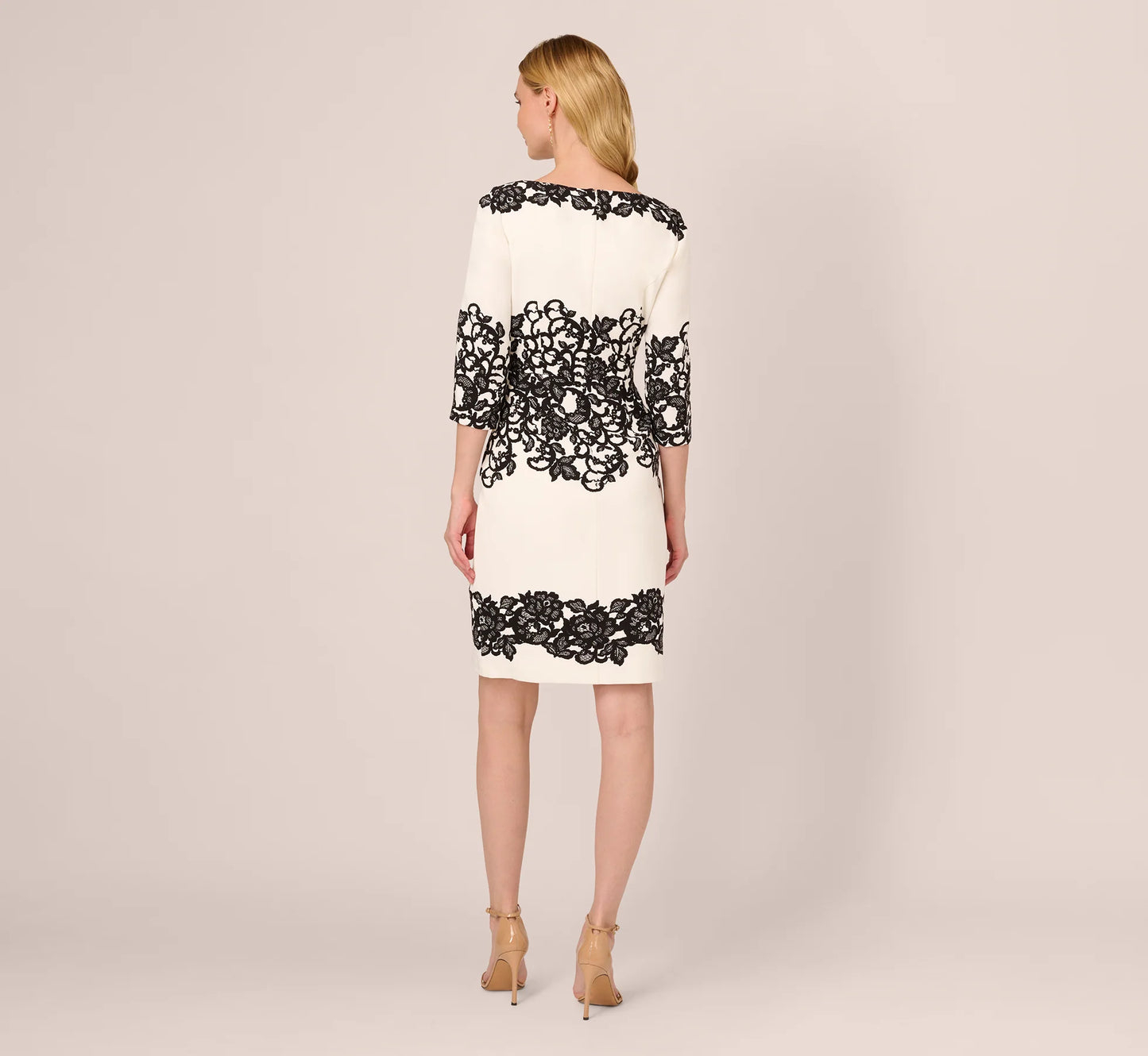 Petite Scroll Lace Midi Dress With Three Quarter Sleeves In Ivory Black