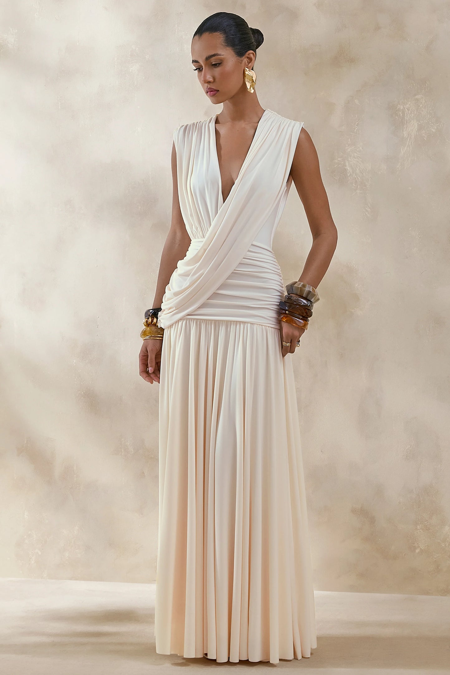 Glorina Cream Plunge-Neck Maxi Dress With Draped-Detailing