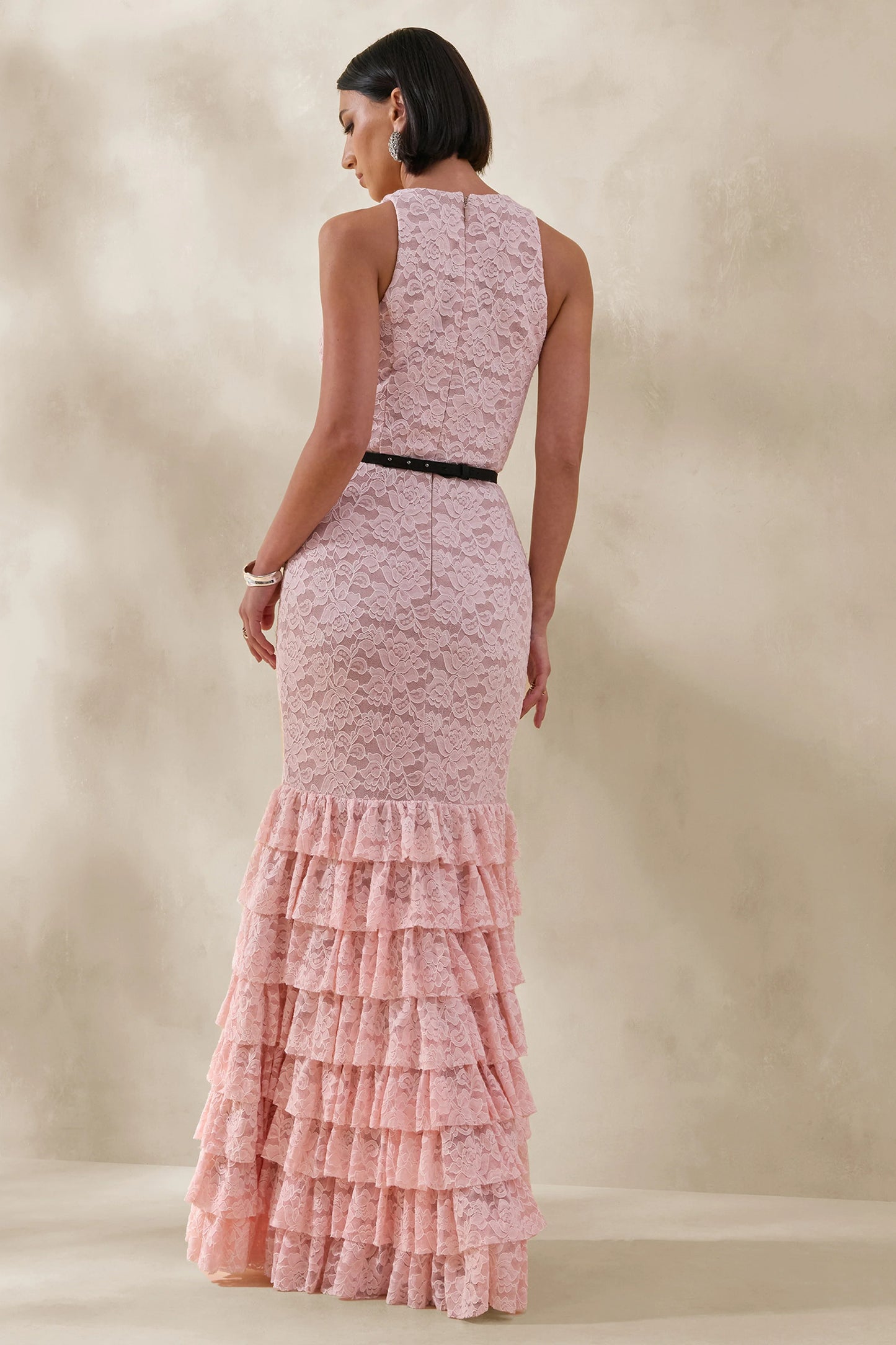 Isoria Pink And Black Lace Halter-Neck Maxi Dress With Bow-Belt Detail