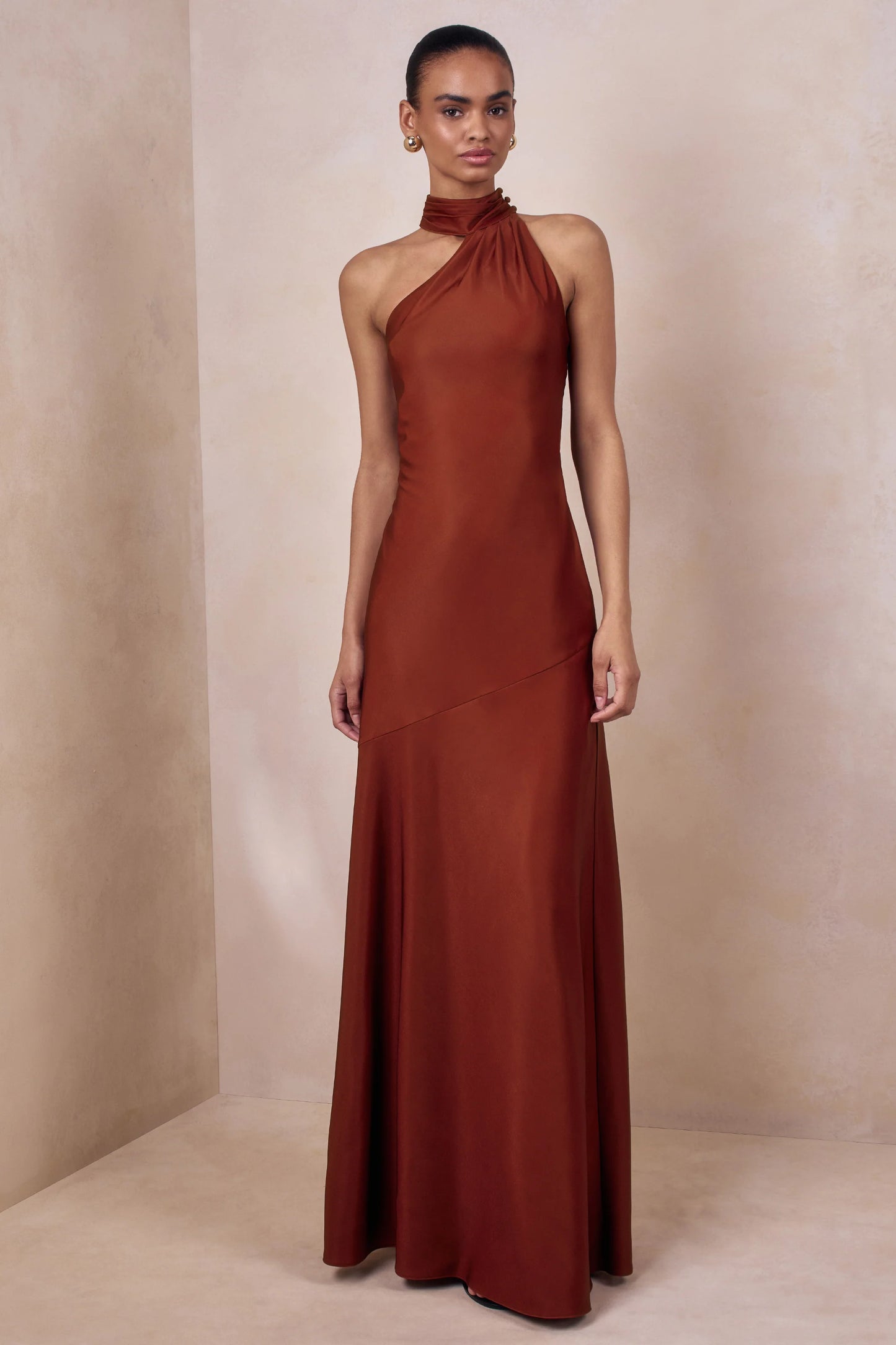 Cara Rust Matte Satin High-Neck Maxi Dress