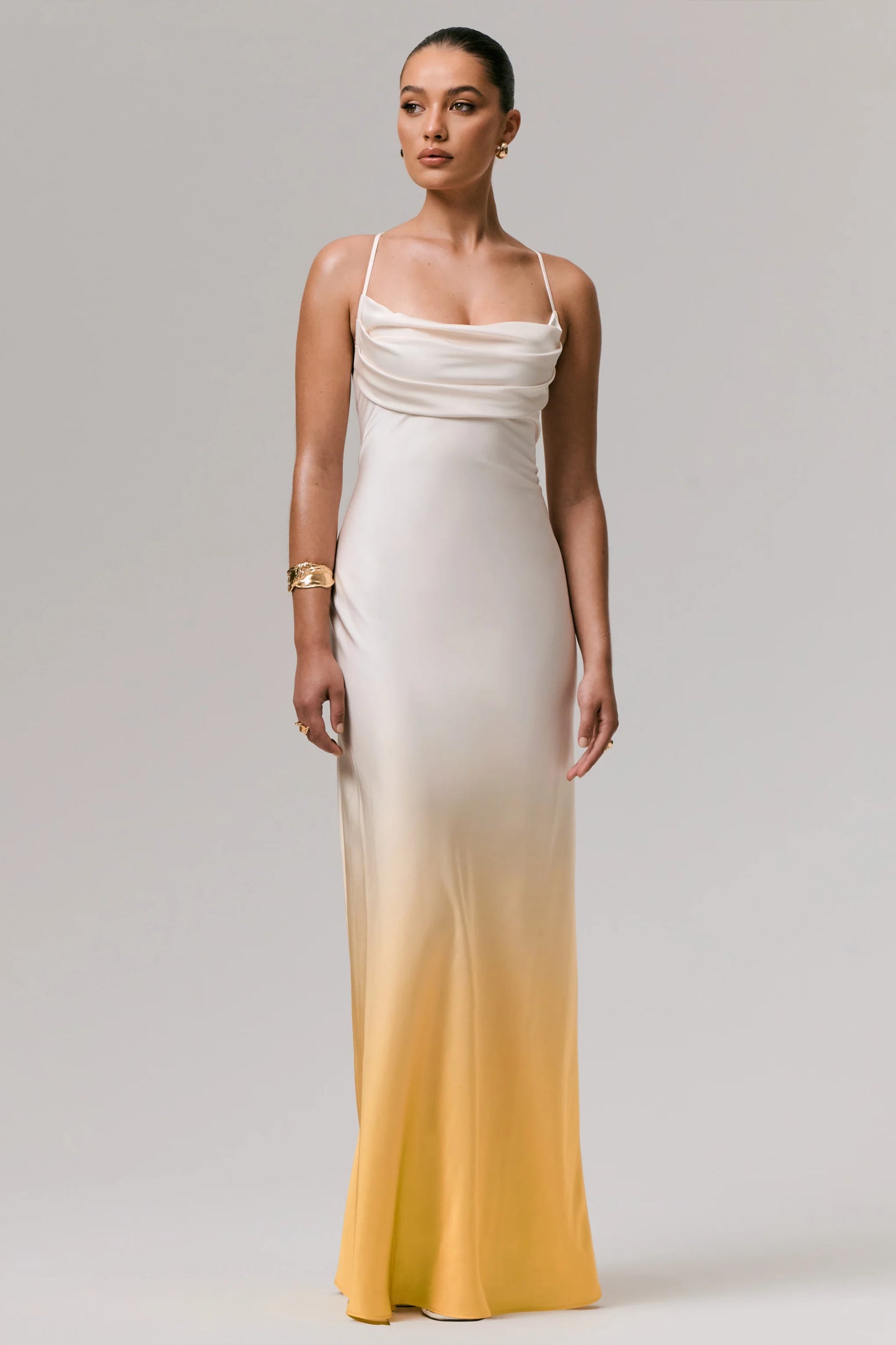 Lucie Yellow Ombre Satin Cowl-Neck Maxi Dress