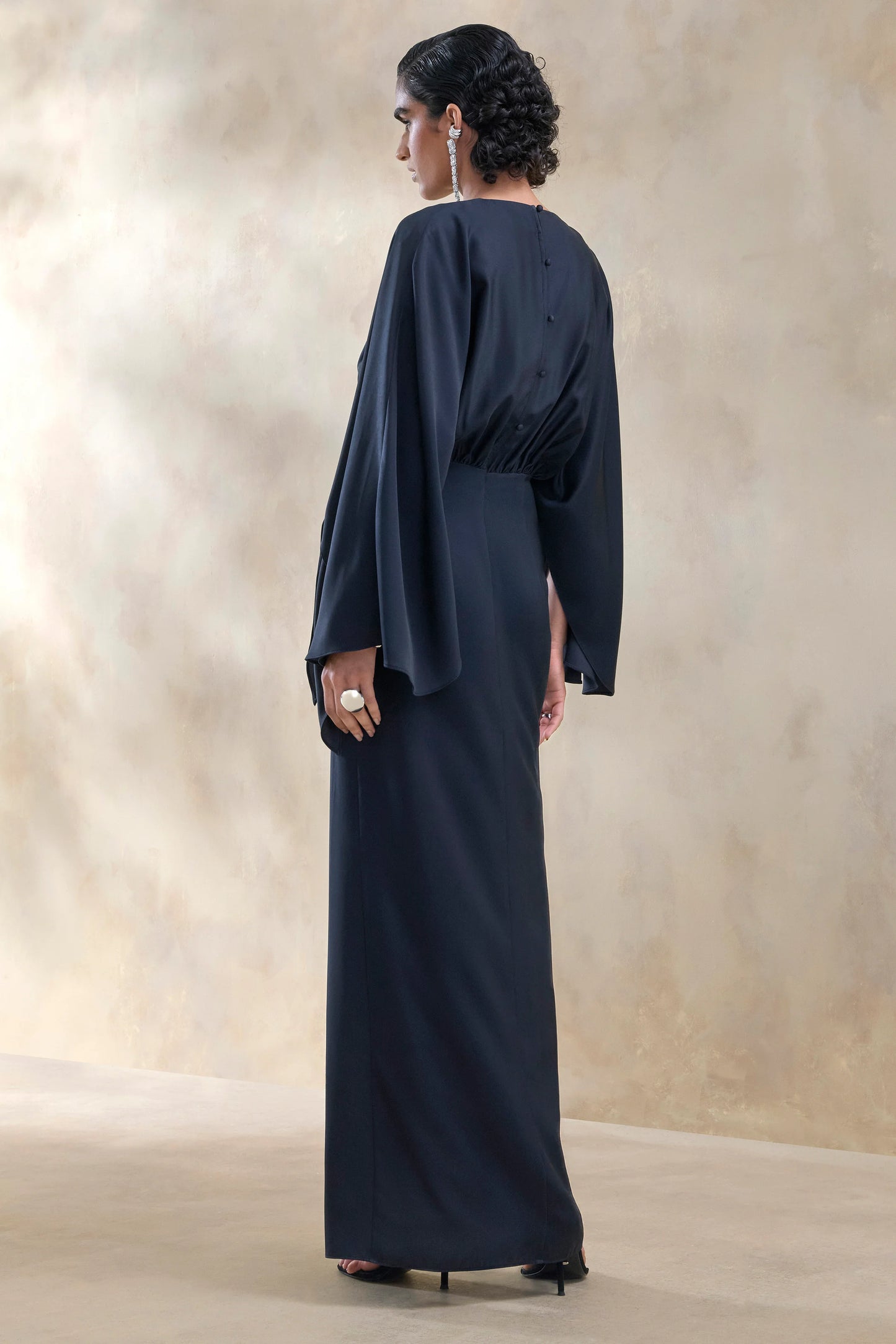 Delphina Navy Satin Maxi Dress With Gathered And Knot-Detail