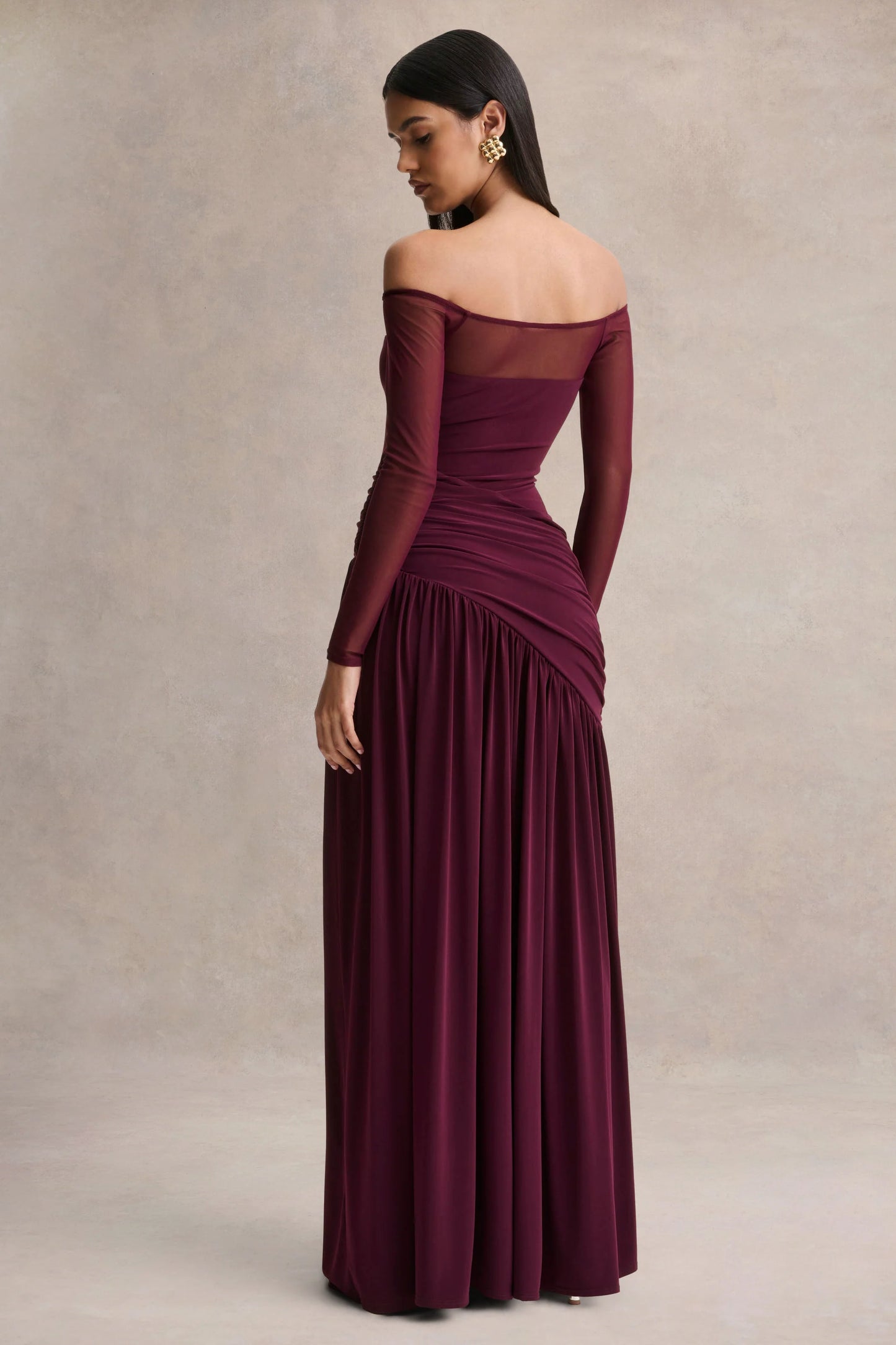 Luminary Dark Plum Bardot-Neck Maxi Dress With Mesh Sleeves
