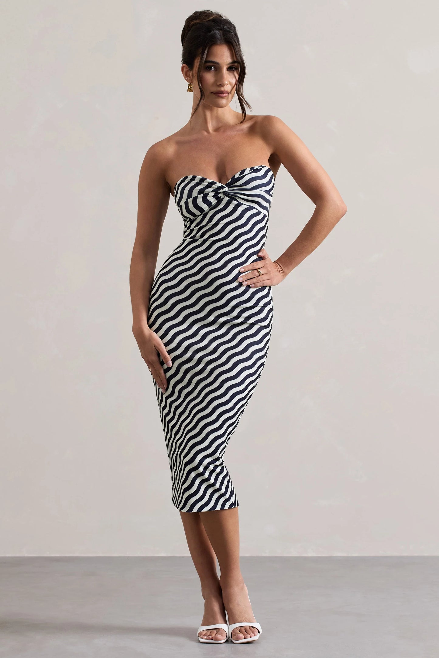 Reese Navy Wave Print Strapless Midi Dress