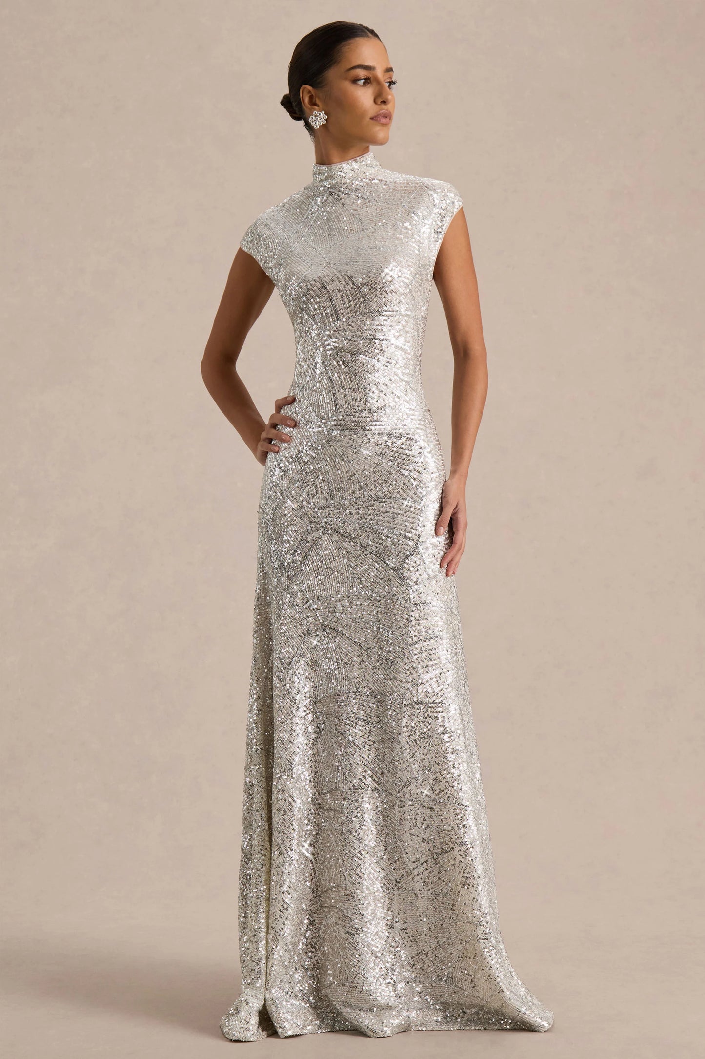 Cecy Silver Sequin High-Neck Maxi Dress With Cap Sleeves