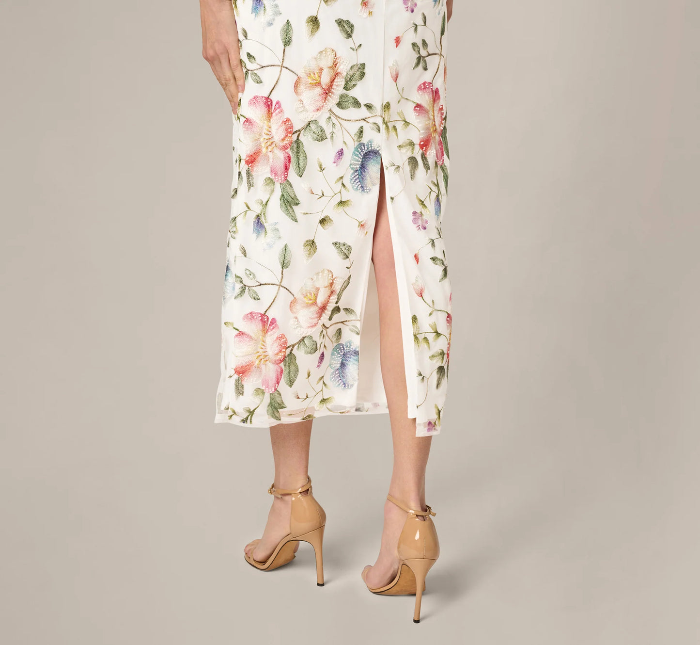 Strapless Floral Beaded Embroidery Midi Dress In Ivory Multi