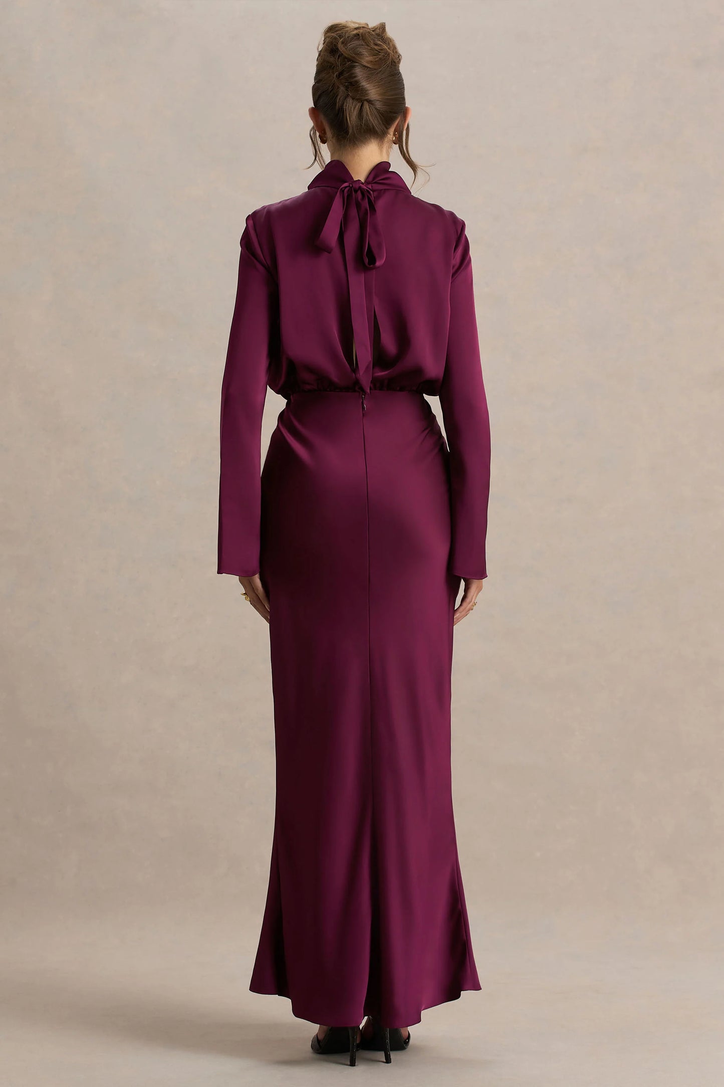 Celina Burgundy Satin High-Neck Maxi Dress