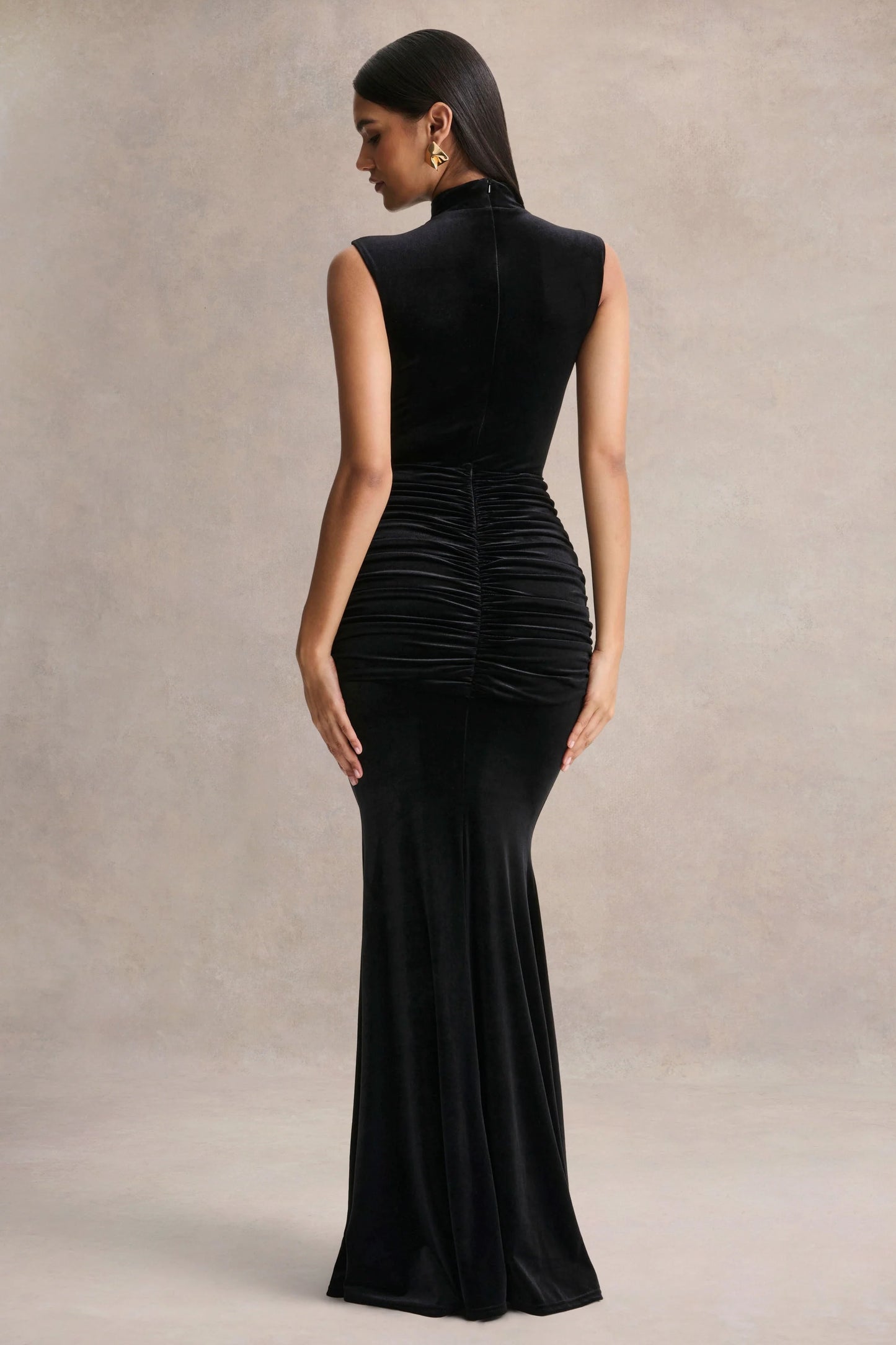 Idalina Black Velvet High-Neck Maxi Dress With Gathered-Detailing