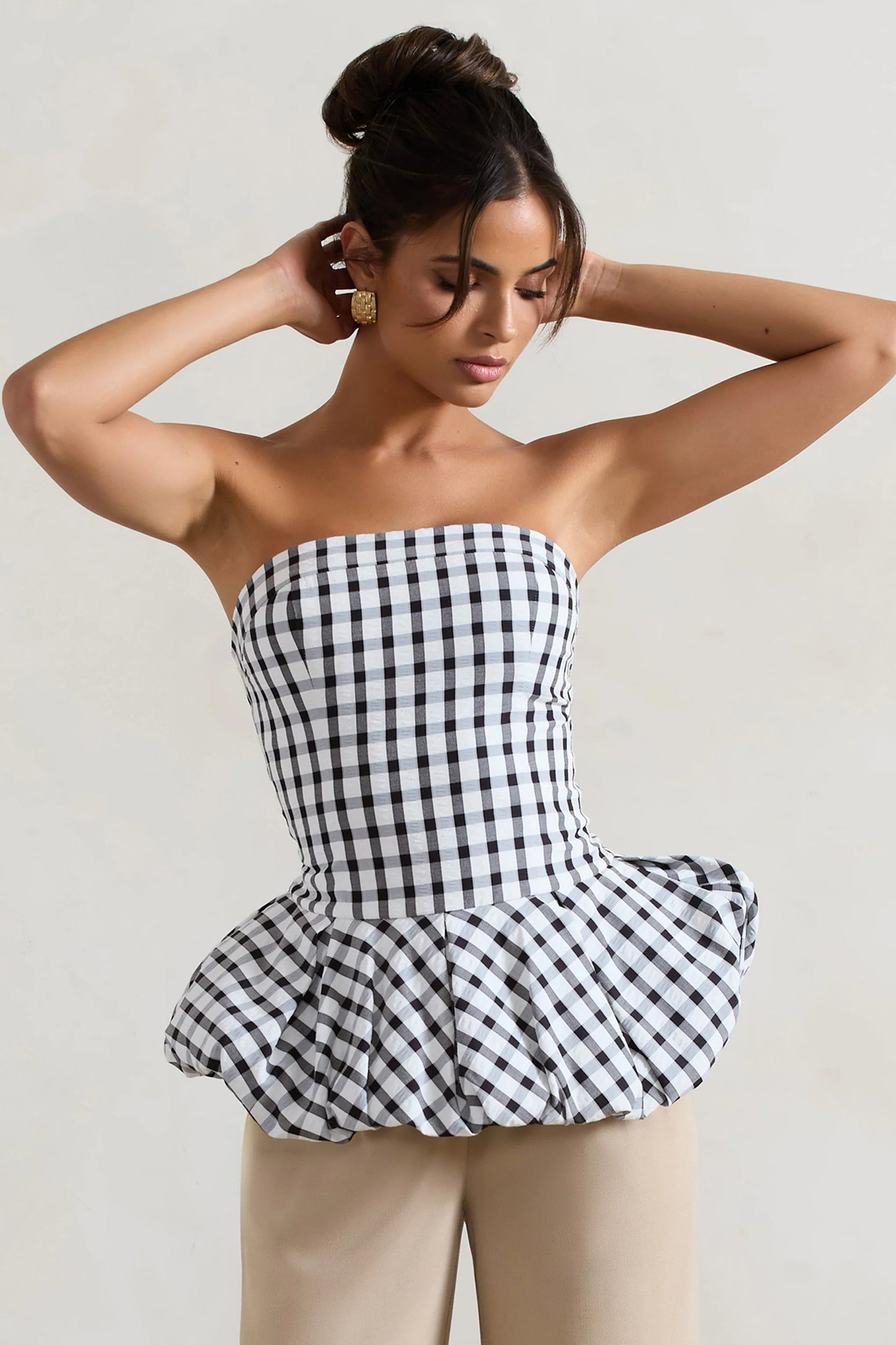 Roll With It Black & White Gingham Bandeau Ruffle Top