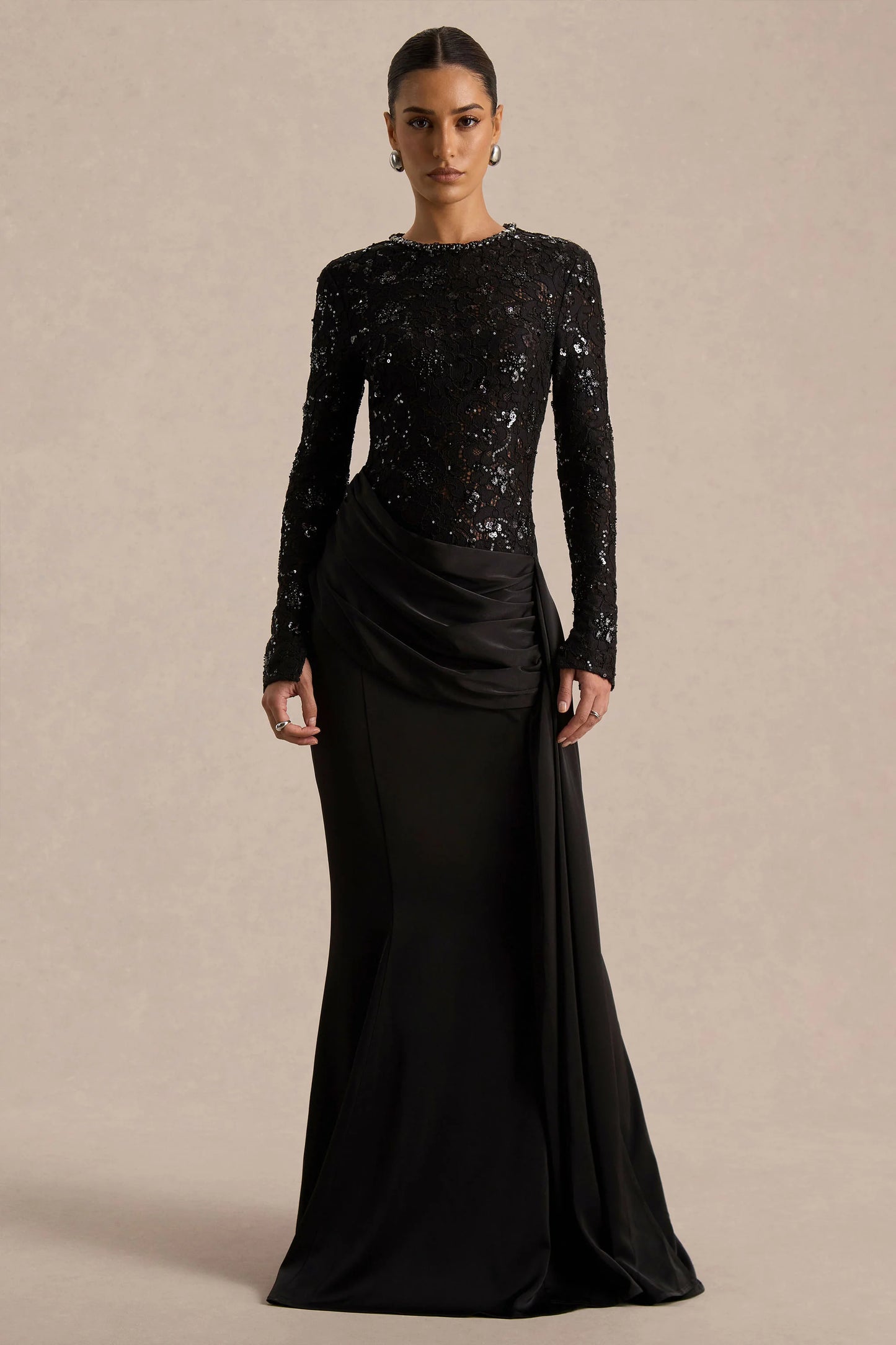 Beau Black Lace High-Neck Maxi Dress With Draped Detail