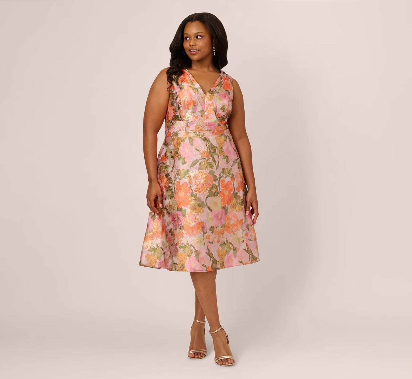 Plus Size Metallic Floral Jacquard Midi Dress In Yellow Orange Multi