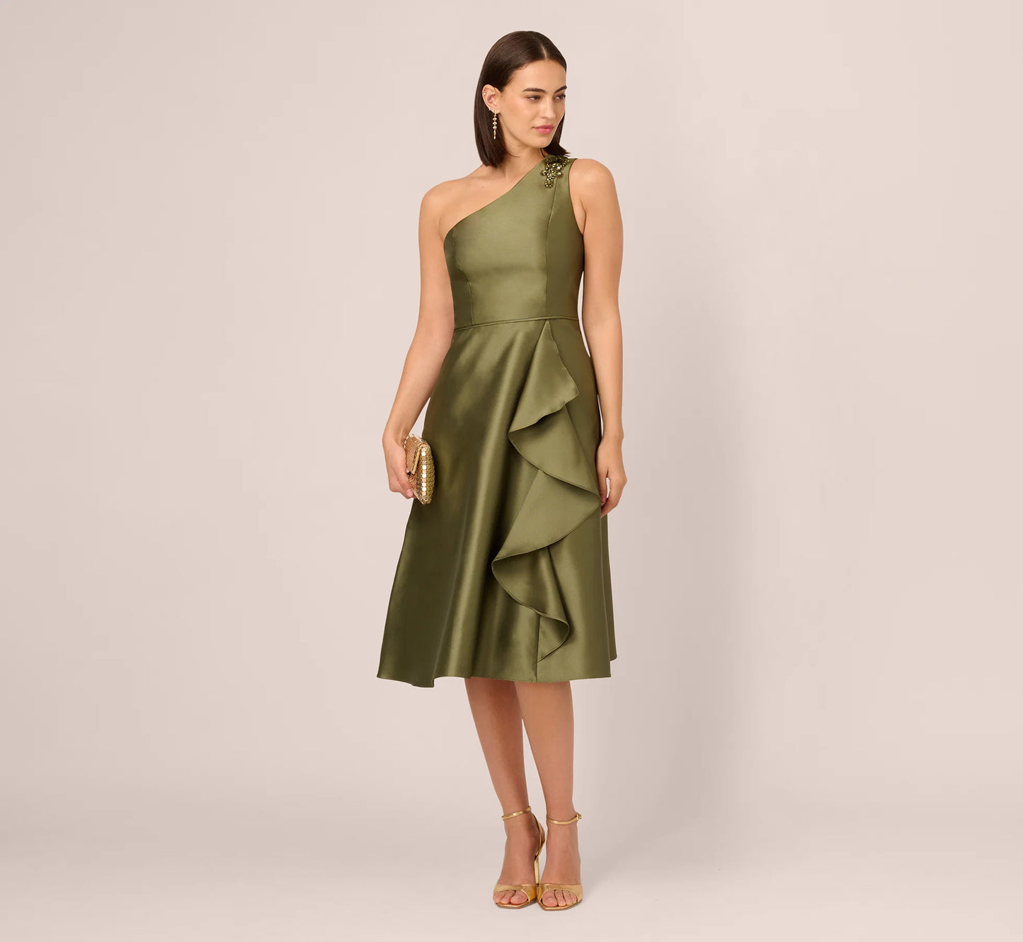 One Shoulder Beaded Detail Mikado Midi Dress In Jungle Olive