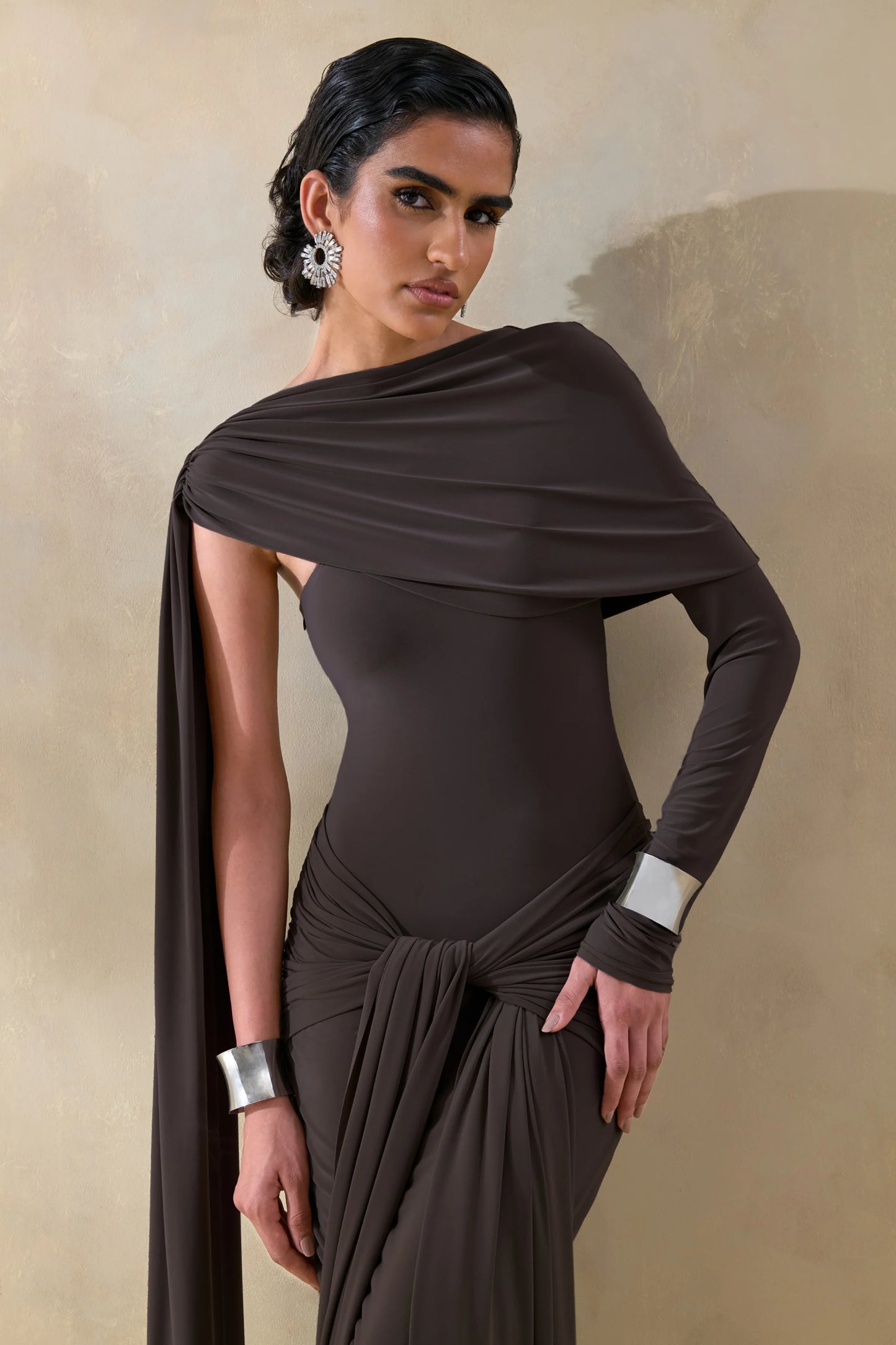 Trisara Brown Asymmetric-Neck Maxi Dress With Gathered-Detailing And Sash