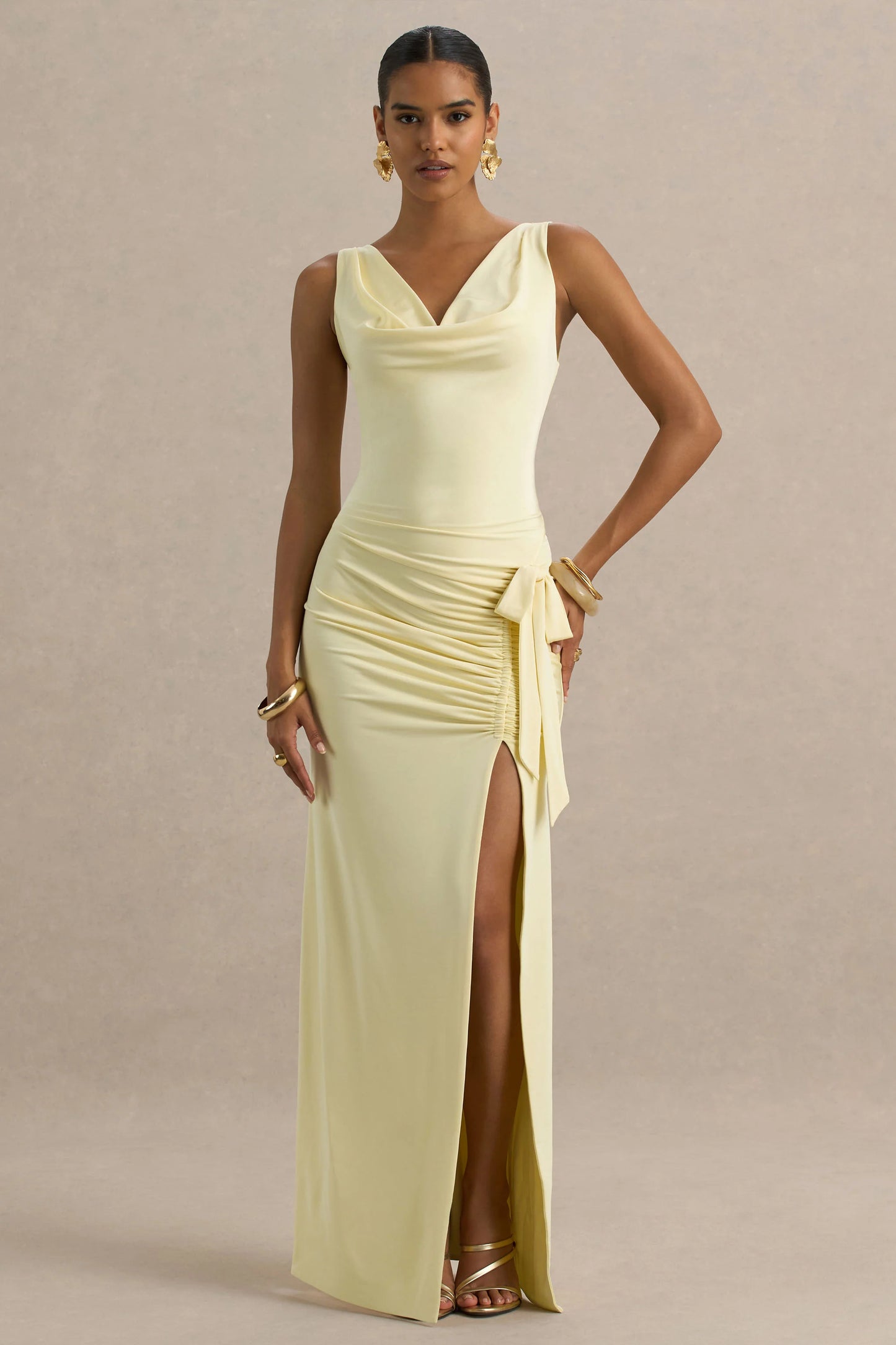 Pure Affection Pale Lemon Cowl-Neck Maxi Dress With Ruched Detailing And Front High Split
