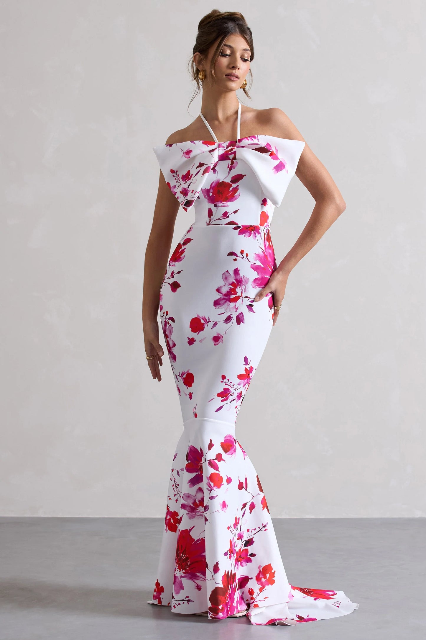 Sakura Pink Floral Print Halter-Neck Fishtail Maxi Dress With Bow