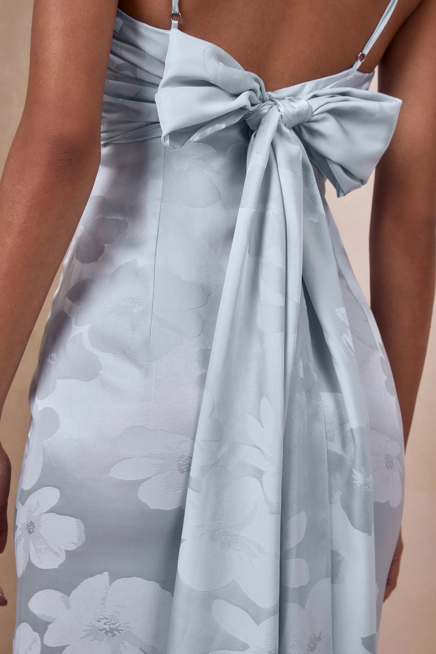 Carelle Powder Blue Satin Plunge-Neck Maxi Dress With Asymmetric Drop-Waist