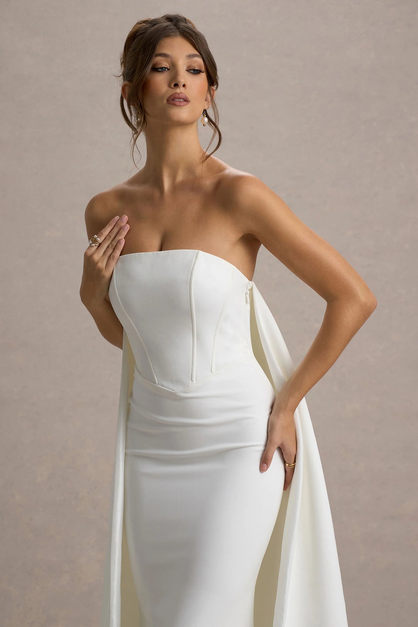 She's Trouble White Bandeau Maxi Dress With Cape