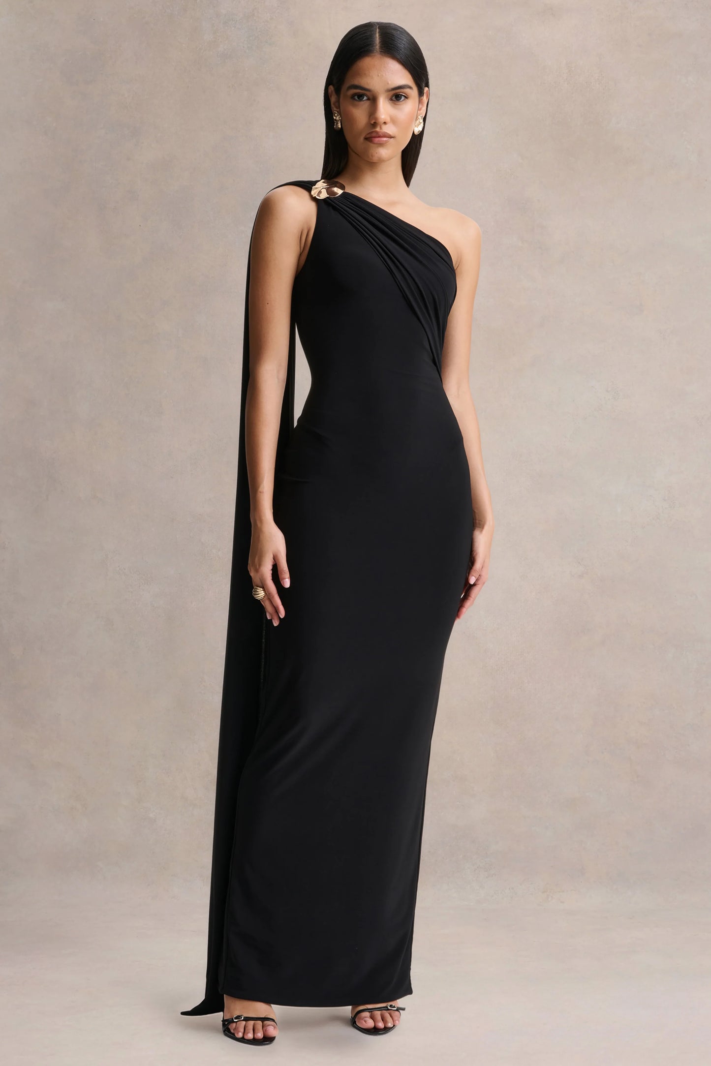 Mandy Black Asymmetric-Neck Maxi Dress