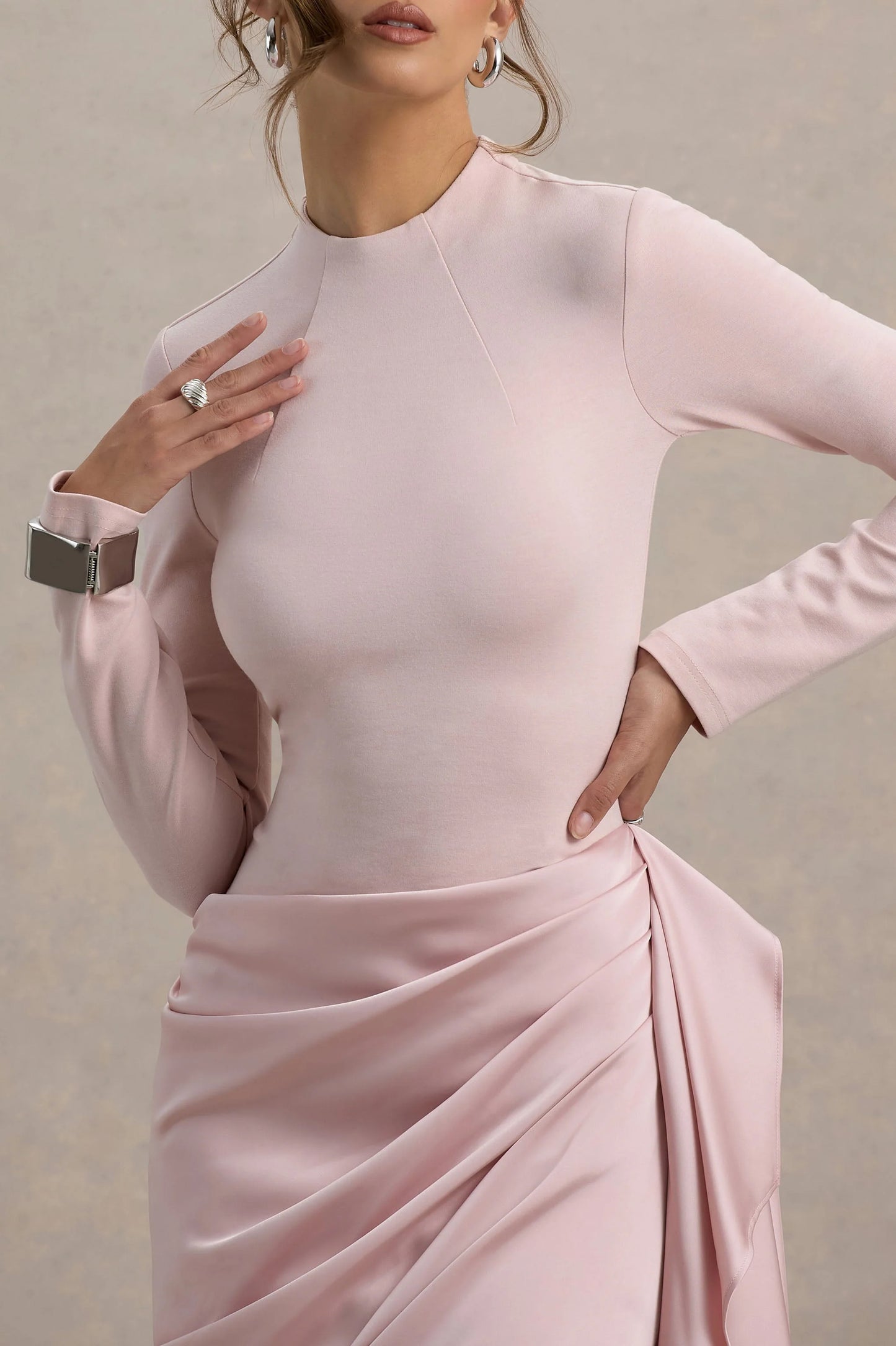 Raffie Pink Long-Sleeve Midi Dress With Satin Wrap Skirt