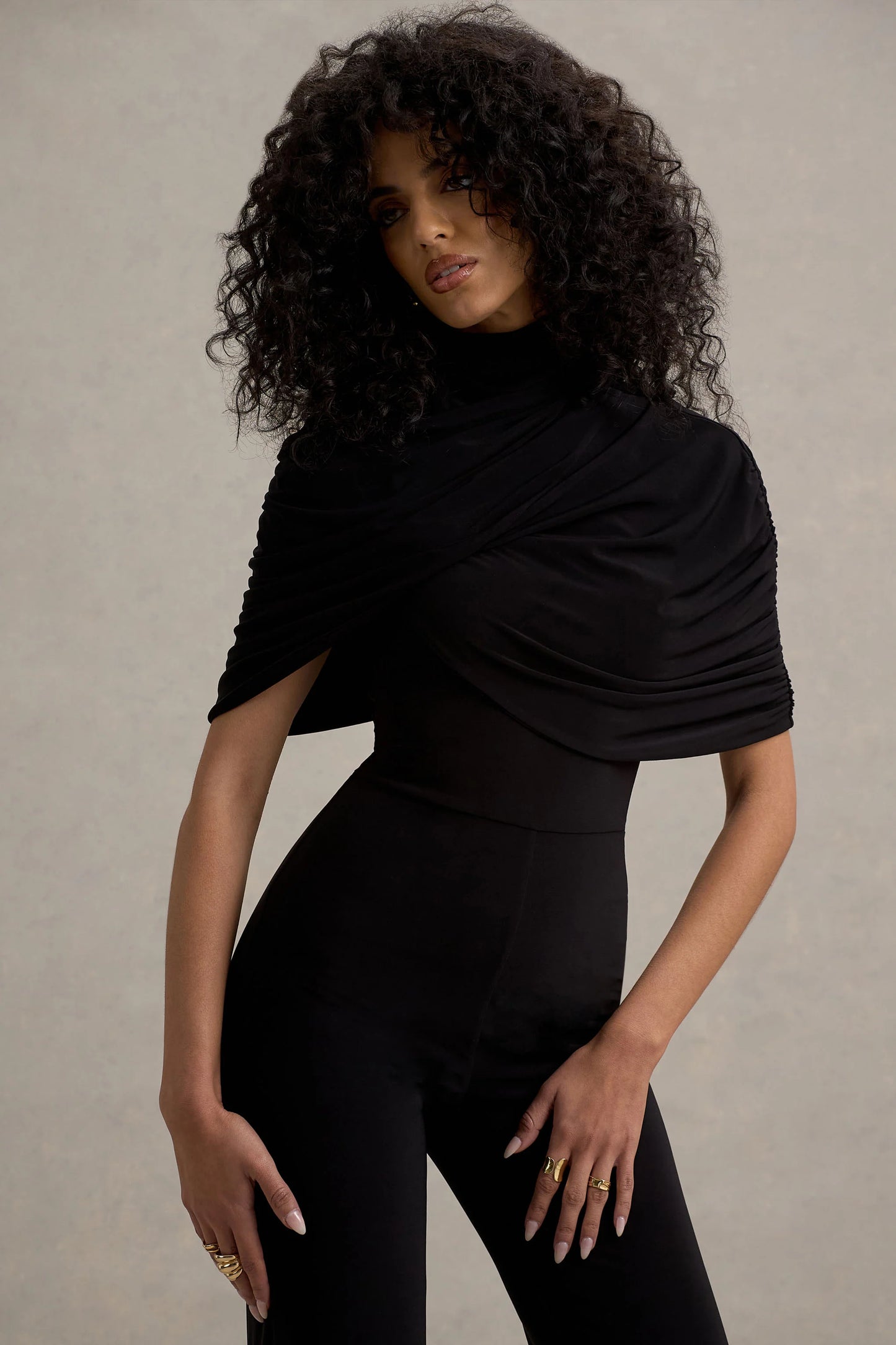 Isoline Black Twist Cape Flared-Leg Jumpsuit