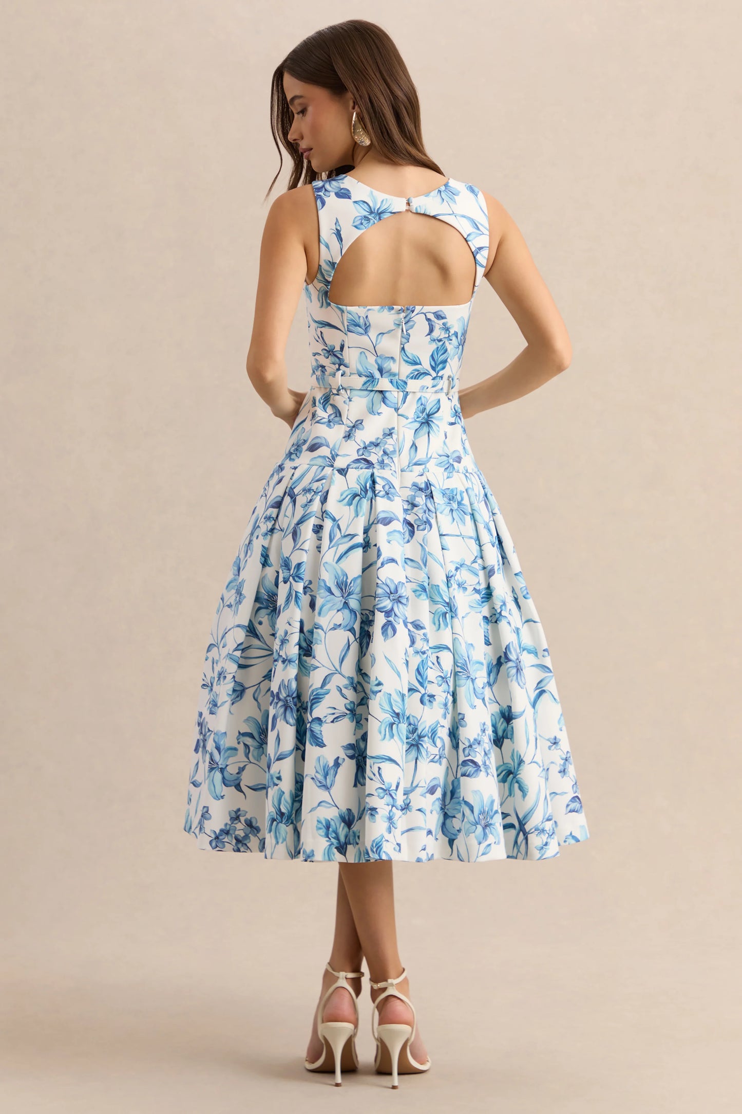 Sunnira Blue Porcelain Print Boat-Neck Midi Dress With Drop-Waist
