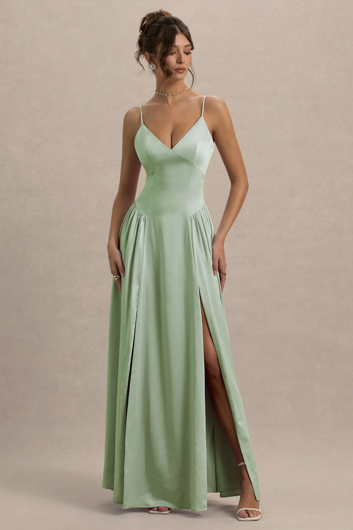 Jonas Light Green Plunge-Neck Maxi Dress With Cami Straps