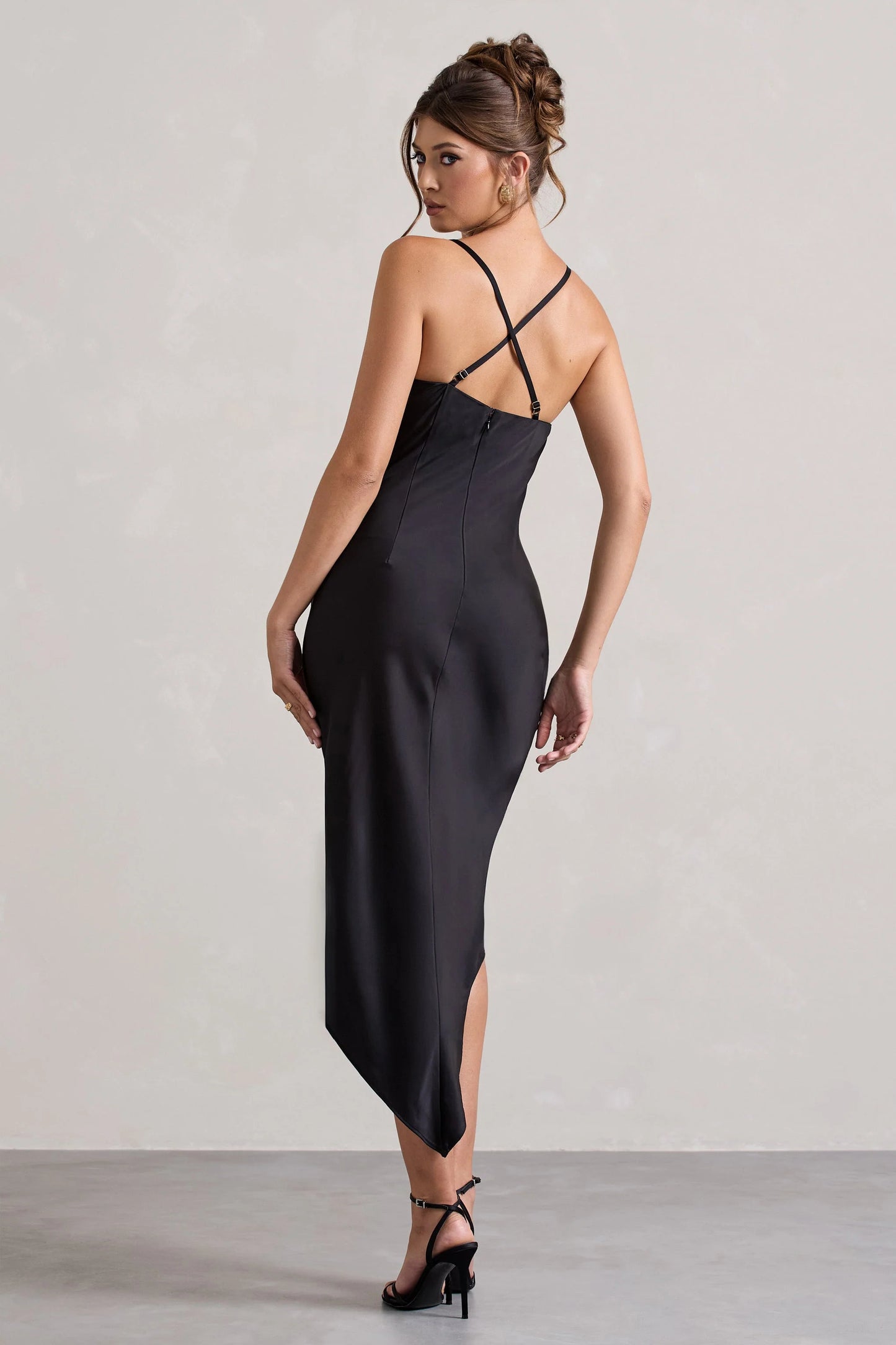 Fillie Black Satin Asymmetric Cowl-Neck Midi Dress
