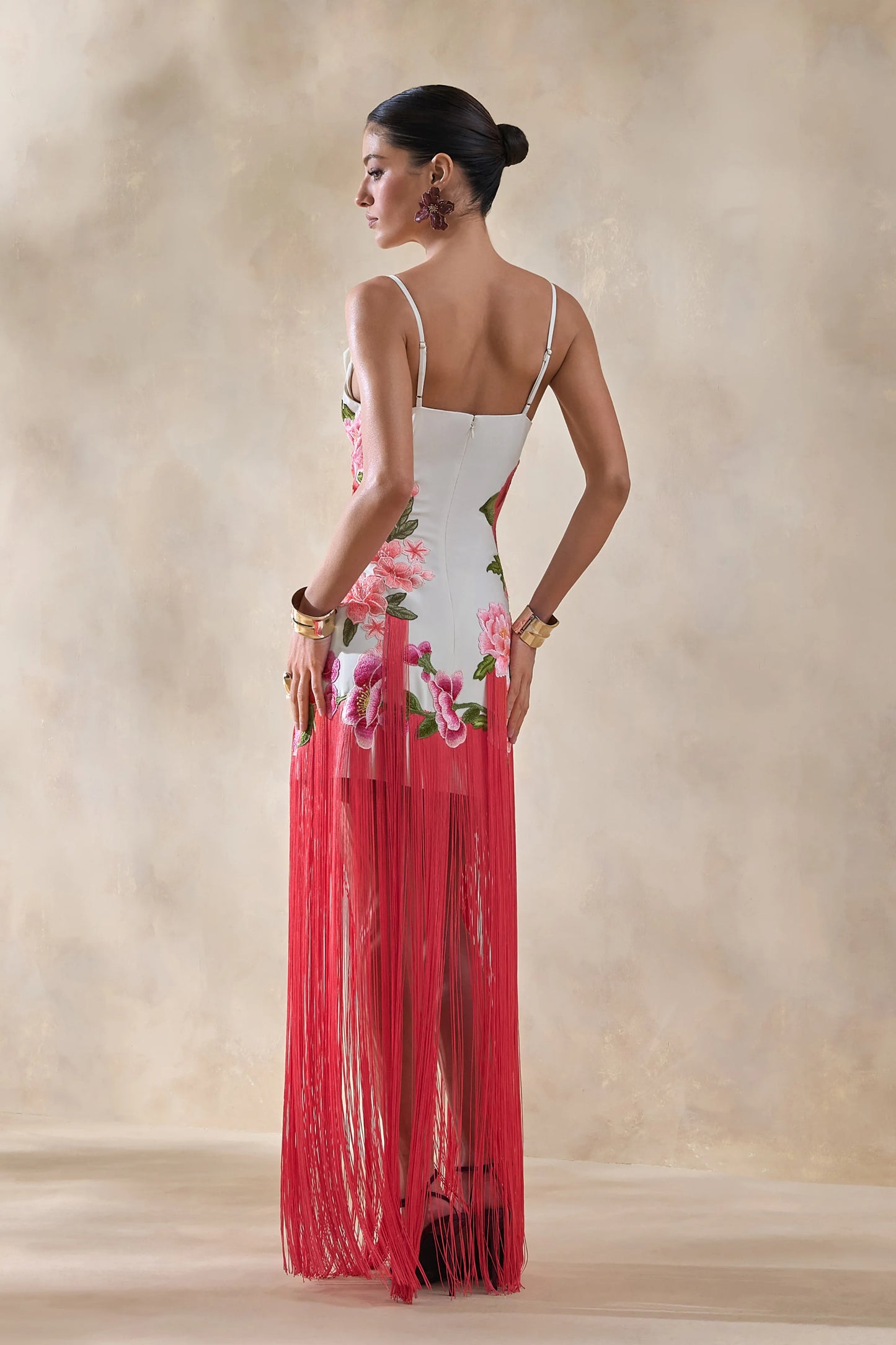 Bejewelled Cream and Pink Floral Cowl-Neck Maxi Dress With Fringe Hem