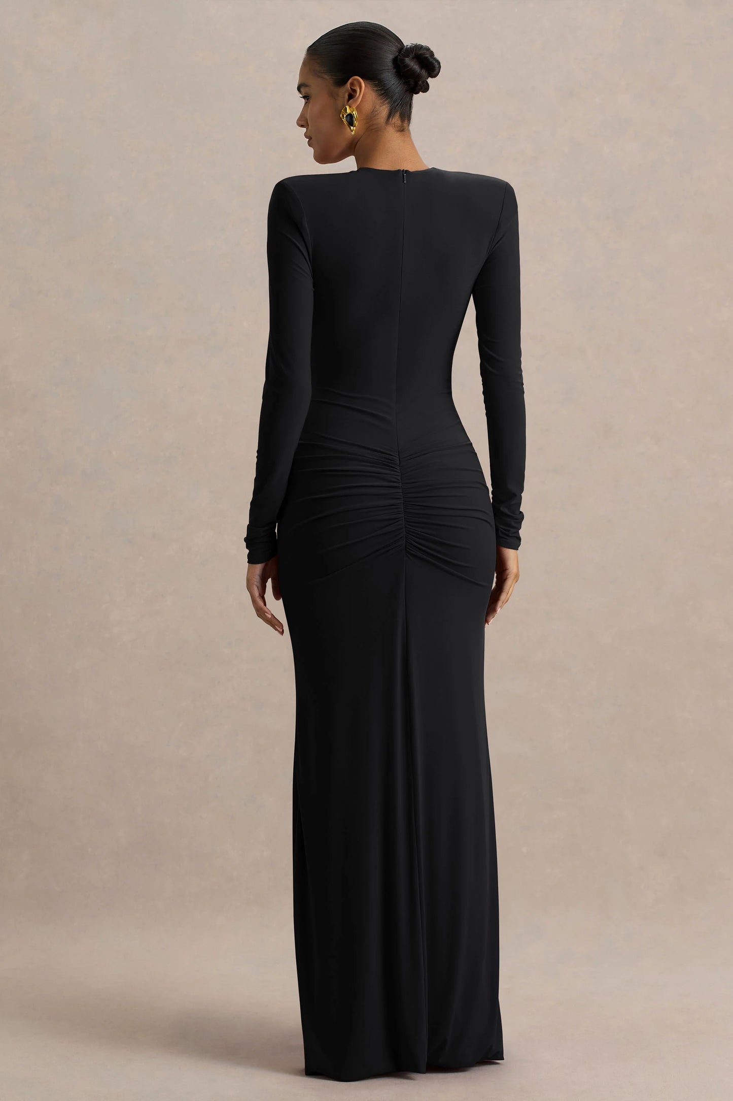 Jewel Black Plunge-Neck Maxi Dress With Front Split and Ruched Detailing