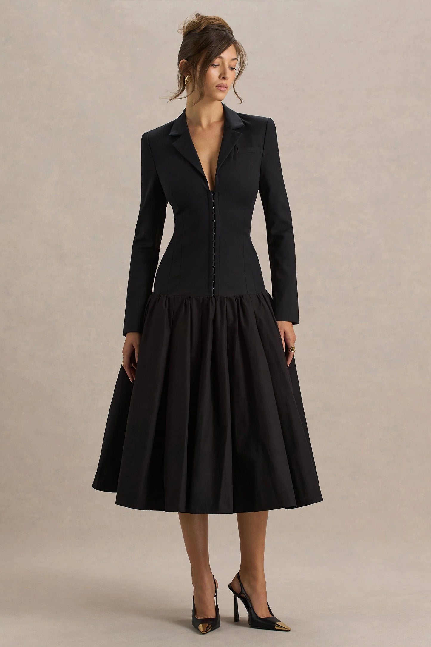 Cosmopolitan Black Plunge-Neck Tailored Midi Dress With Pleated Hem