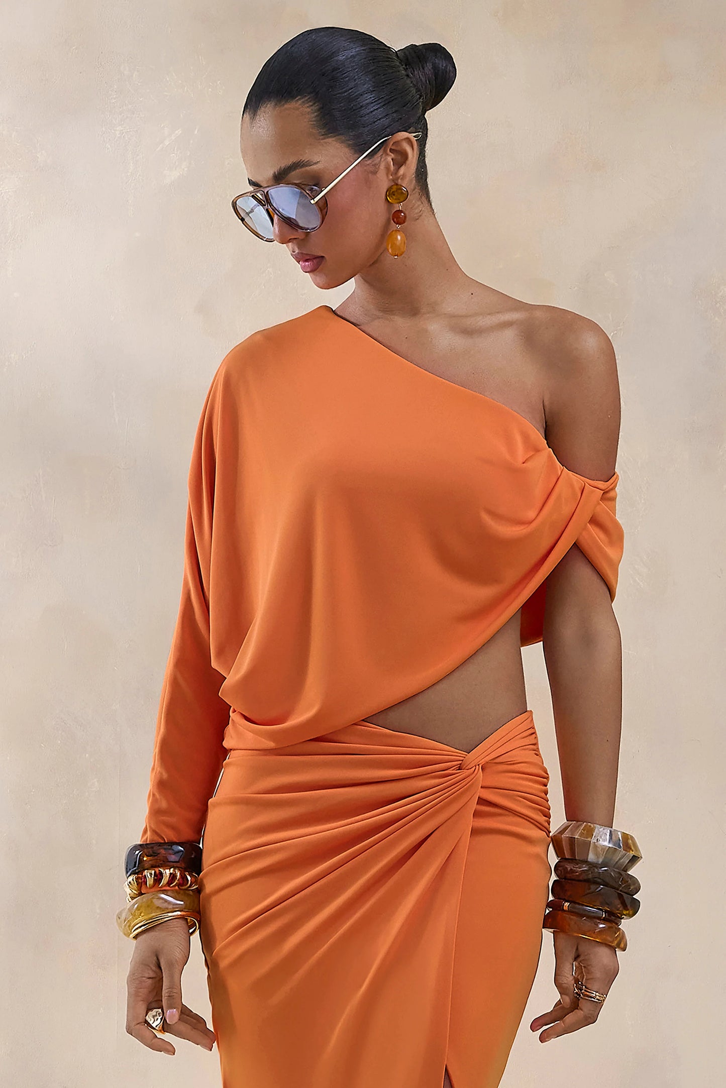 Dua Orange Asymmetric One-Sleeve Draped Top