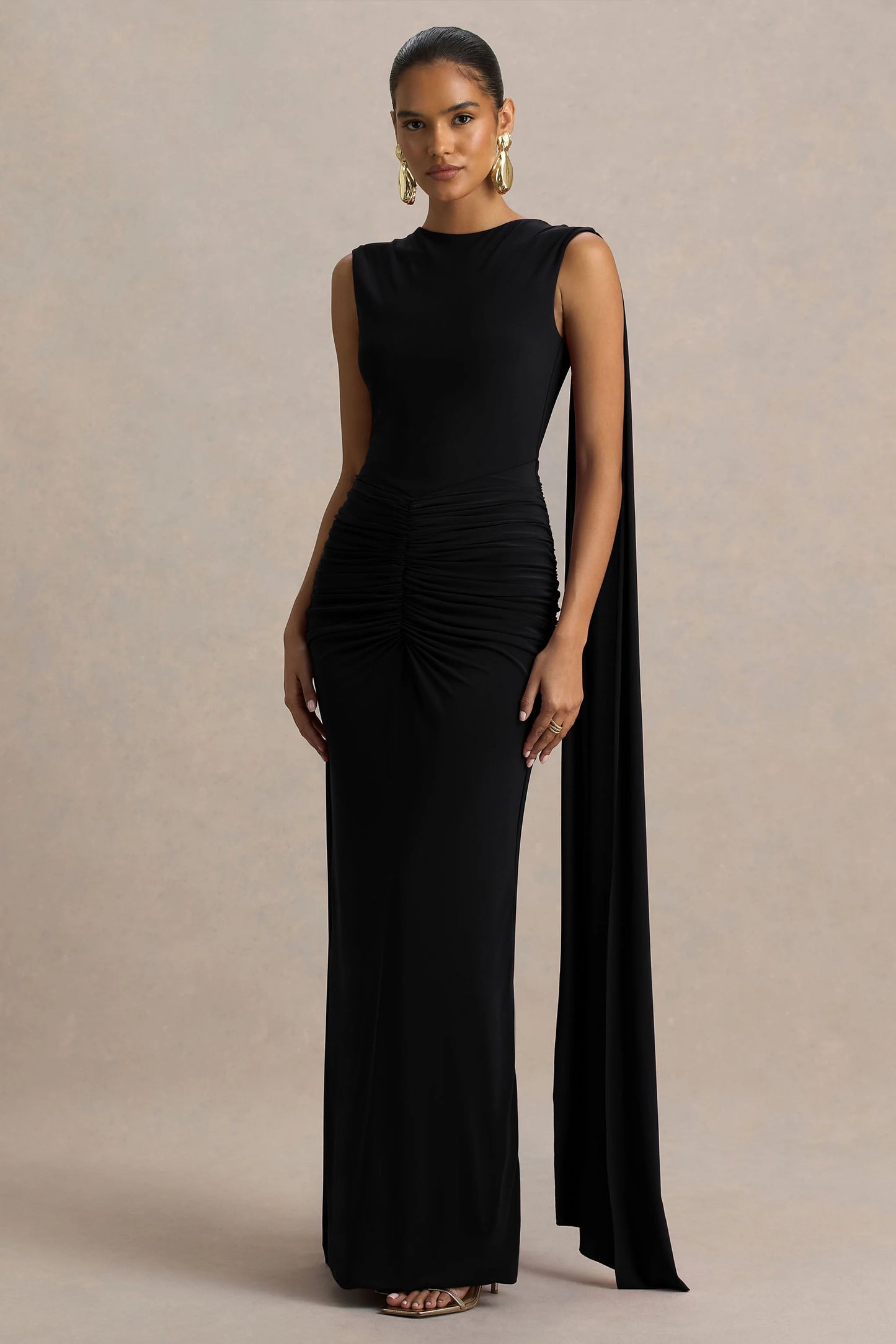 Premiere Black Boat-Neck Maxi Dress With Open-Back And Cape-Sleeves
