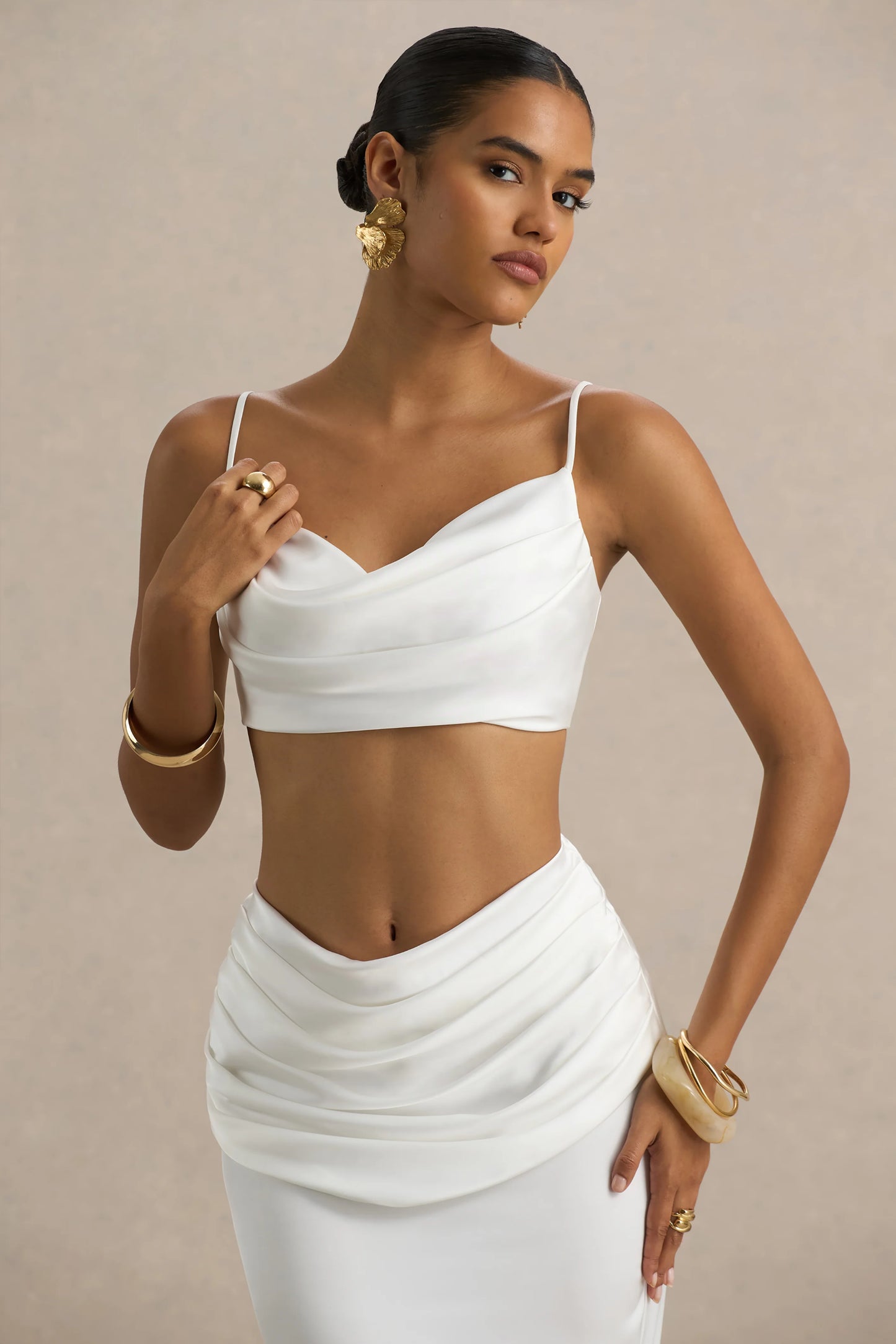 Una White Ruched Cowl-Neck Crop Top