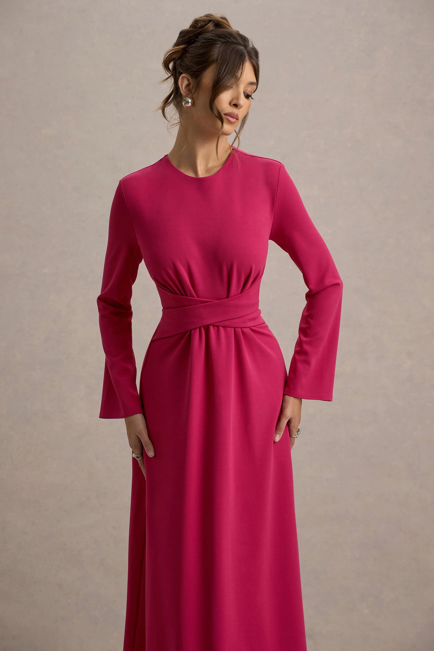 Cassiopeia Lemon Long-Sleeve Midi Dress With Cross Waist