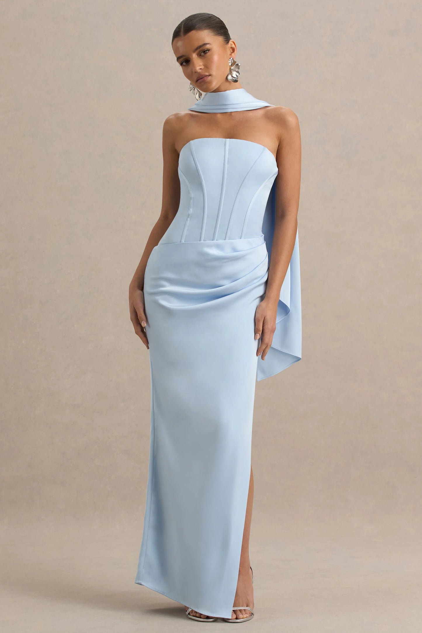 Joseline Powder Blue Satin Corset Wrap Maxi Dress With Scarf