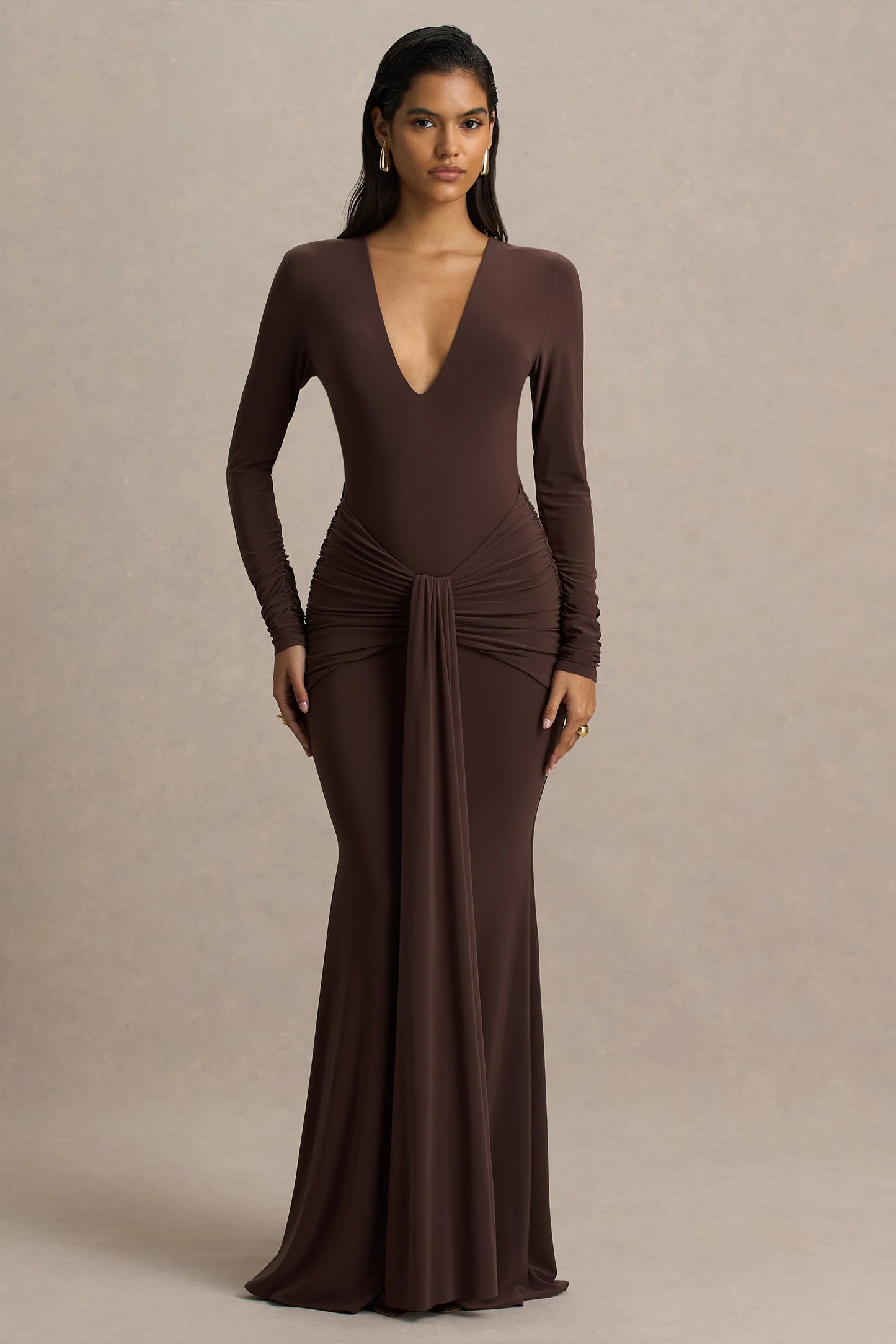 Saffie Chocolate Extreme-Plunge Wrap Maxi Dress With Long-Sleeves And Ruched Detailing