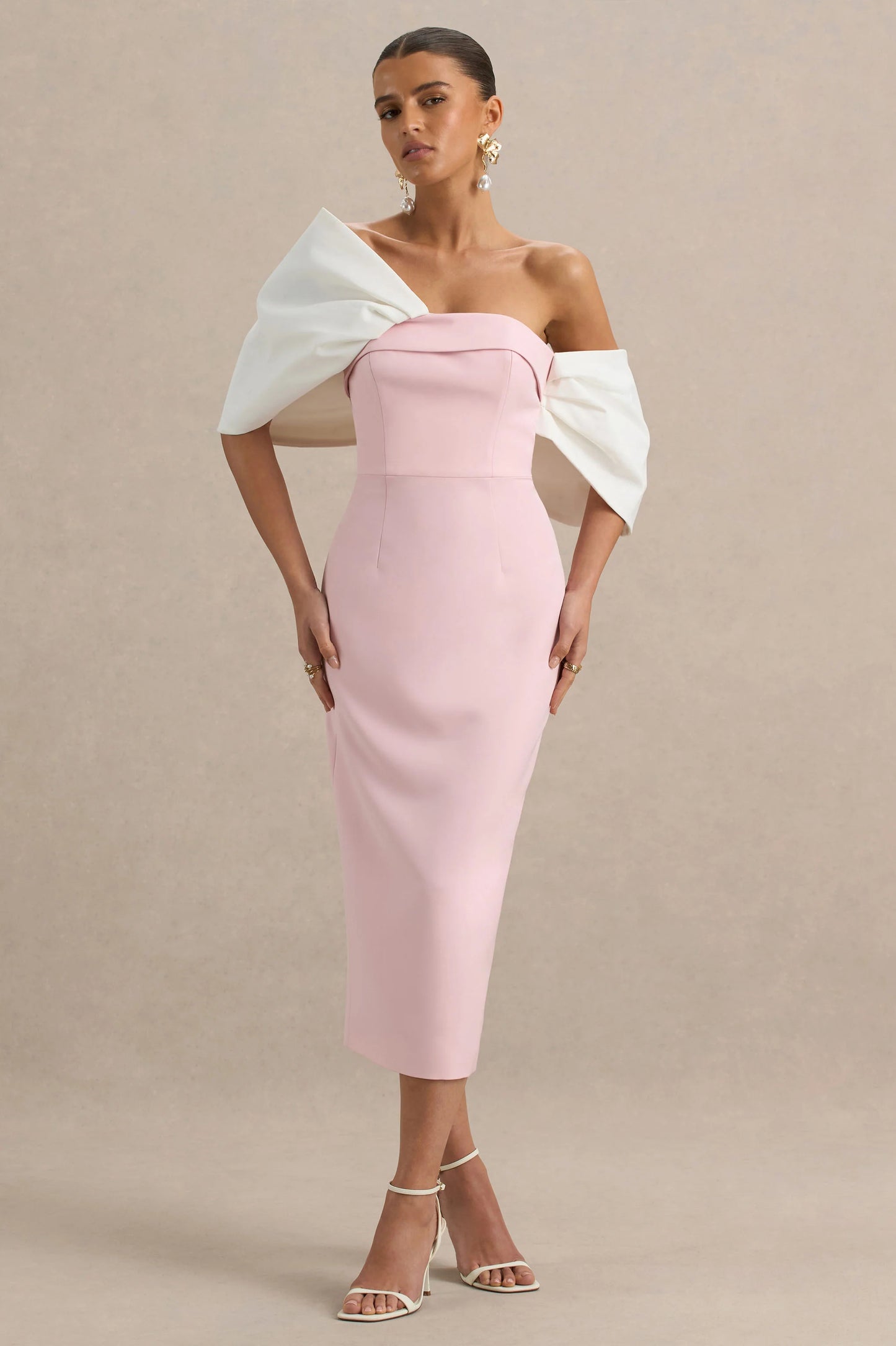 Lucille Rose & Pink Asymmetric Bardot Midi Dress With Bow Detail