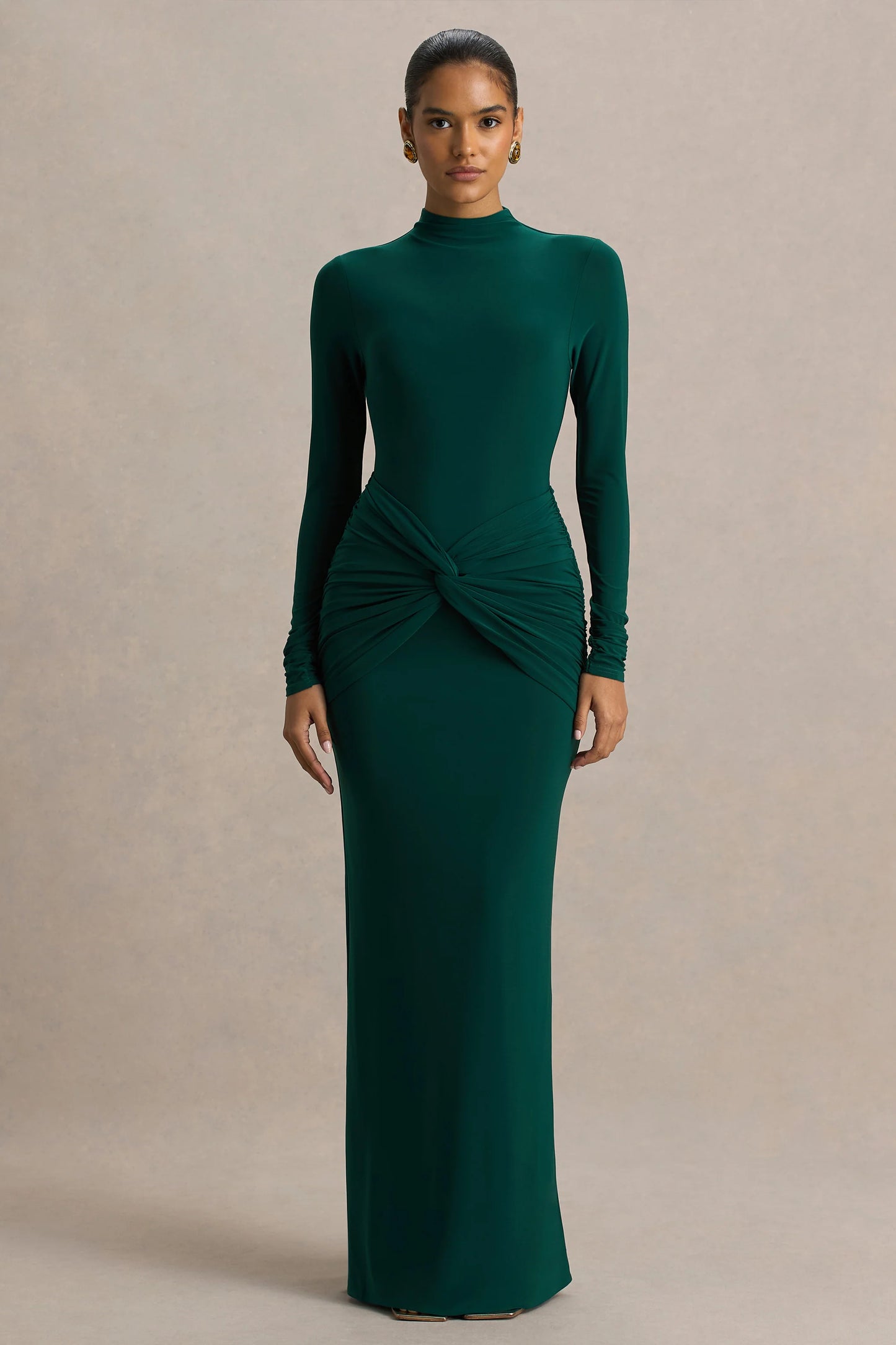 Alula Bottle Green High-Neck Maxi Dress With Twist Detail